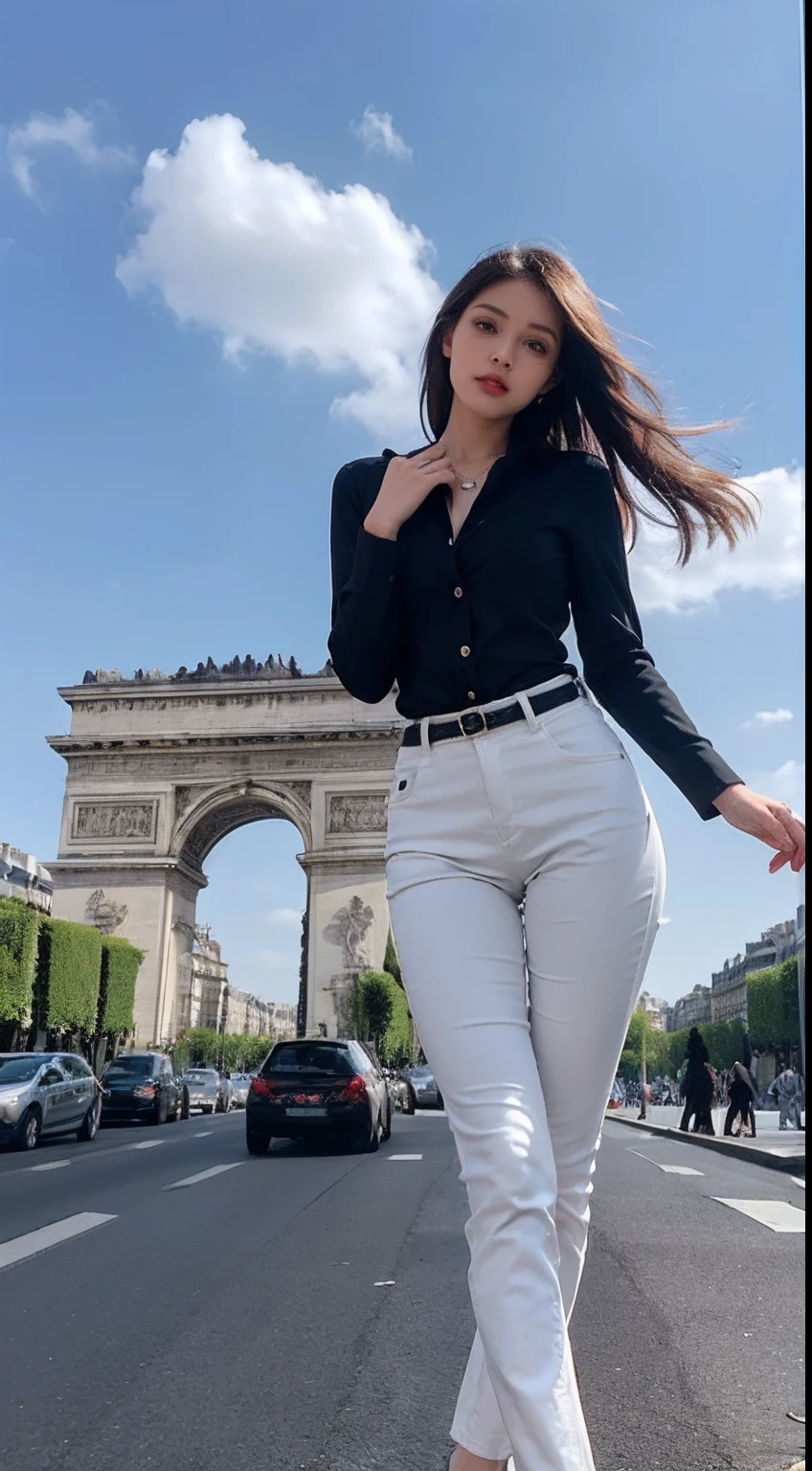 Sexy woman，Beautiful and moving big eyes，In the middle of the street，tight fit clothes，wearing long pants，frontage，Three buttons on either side of the trousers，high-heels，triumphal arch, Paris, France，with blue sky and white clouds，