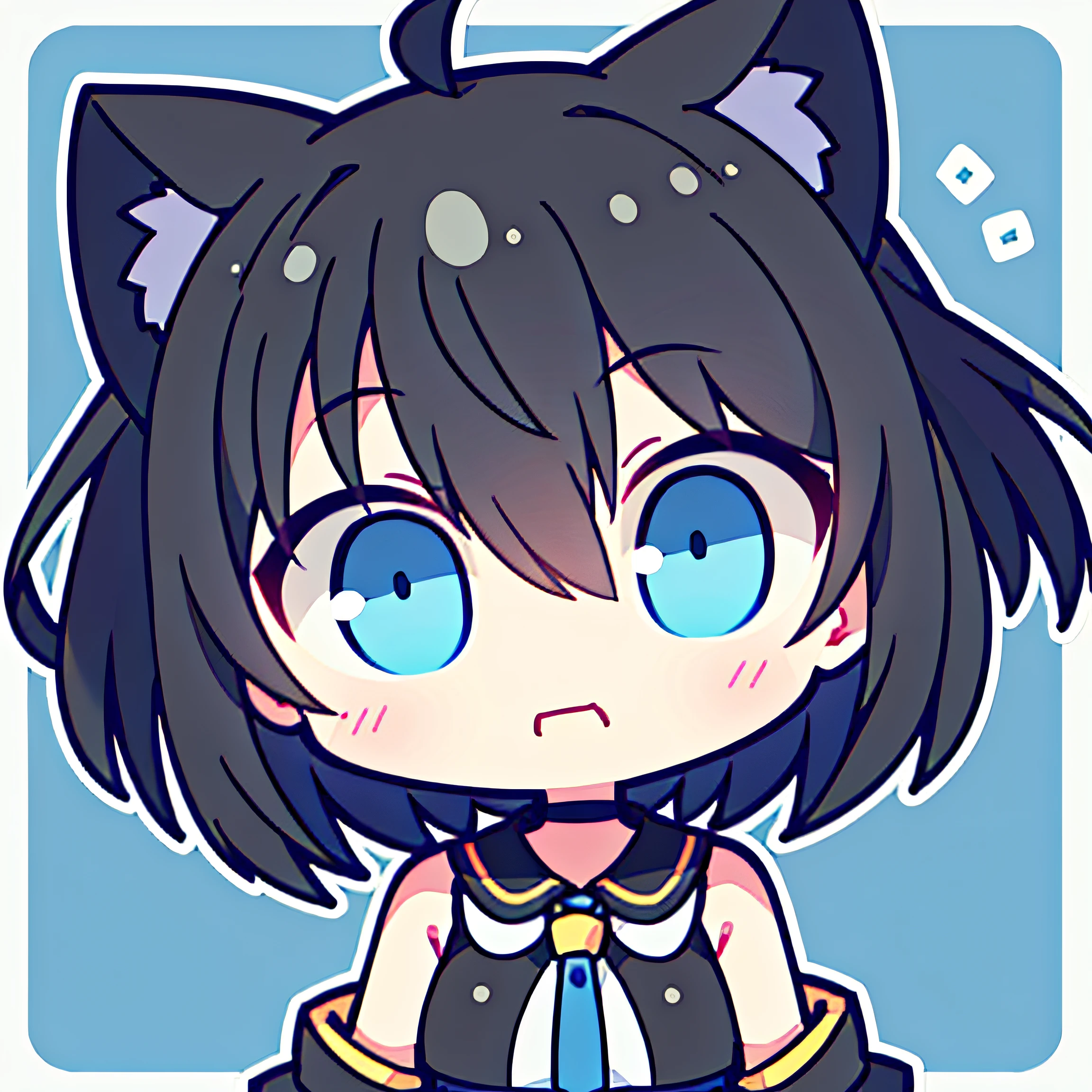 Girl vs、tchibi、((Best quality, High_Resolution, distinct_image)),(Black hair), (Black cat ears), (ahoge), (absurdly short hair), (Wavy hair), (Blue eyes),、Suspicious look、mideum breasts、