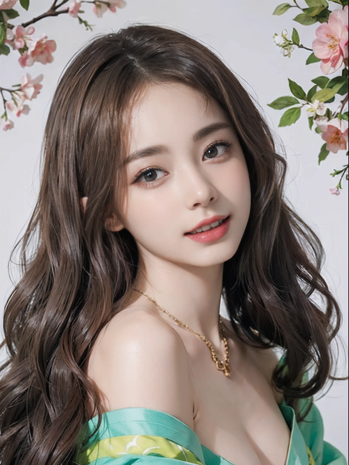 (A hyper-realistic)、(illustratio)、(hight resolution)、(8k picture)、(ighly detailed)、(Best Illustration)、(beautifully detailed eyes)、(top-quality)、(ultra-detailliert)、(masterpiece)、(wall-paper)、(A detailed face)、独奏、女の子1人、fullbody image、(Burst breasts:1.3),female idol、Change of kimono、Eyes on the viewer、Detailed eyes and mouth、A detailed face、lowkey、pureerosfaceace_v1、huge smile、Happiness、Golden Shorthair、Beautiful teeth alignment、Blushing cheeks、constricted hips、skinny thigh、Watching from above、a necklace、耳Nipple Ring、Bracelet、laying down on the bed、Bedrooms、