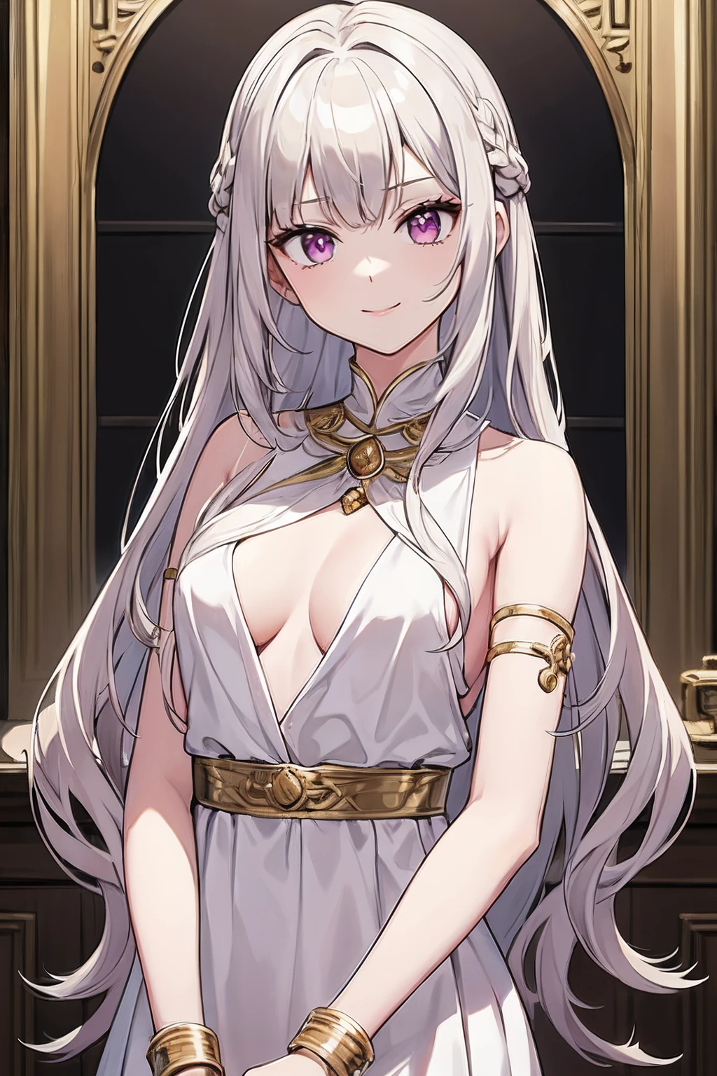 masterpiece, best quality, 16k, 1girl, solo, long hair, light hair, wavy hair, platinum hair, hair bangs, petite, (medium breasts:1.1), rating:safe, pink eyes, hair between eyes, evil smile, wearing a peplos, ancient greek dress, gold bracelets, arms behind back, head tilt, evil queen, royalty, goddess, majestic, ((winter, winter forest)), face only, upper body