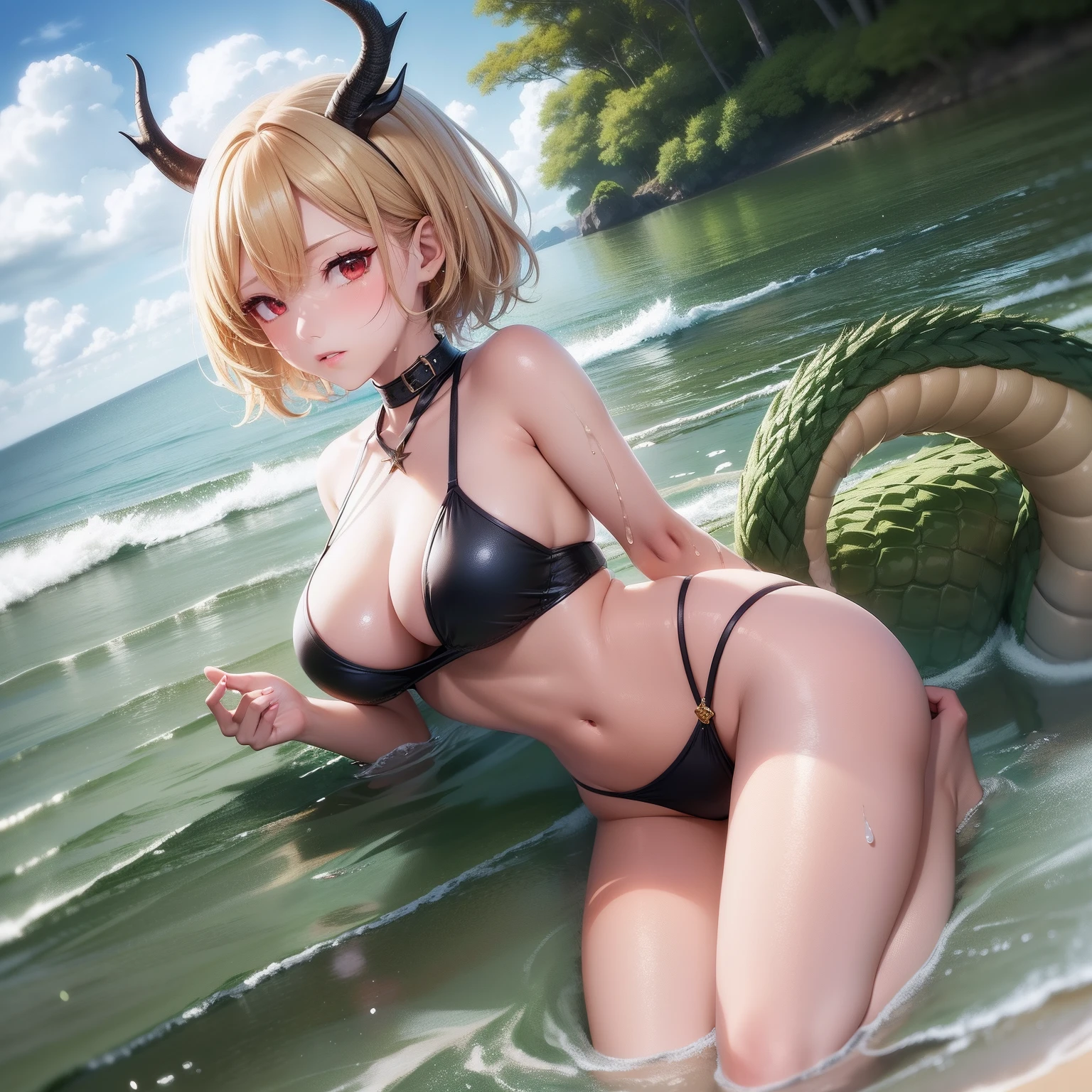 masterpiece, top-quality, 1girl in,Yoshiki Yachiki, Blonde Shorthair、Dragon's horn, Dragon's tail、There are dragon scales on the back、red eyes、Sea and sandy beach background、Green swimsuit、the whole body is wet、full body seen、A sexy