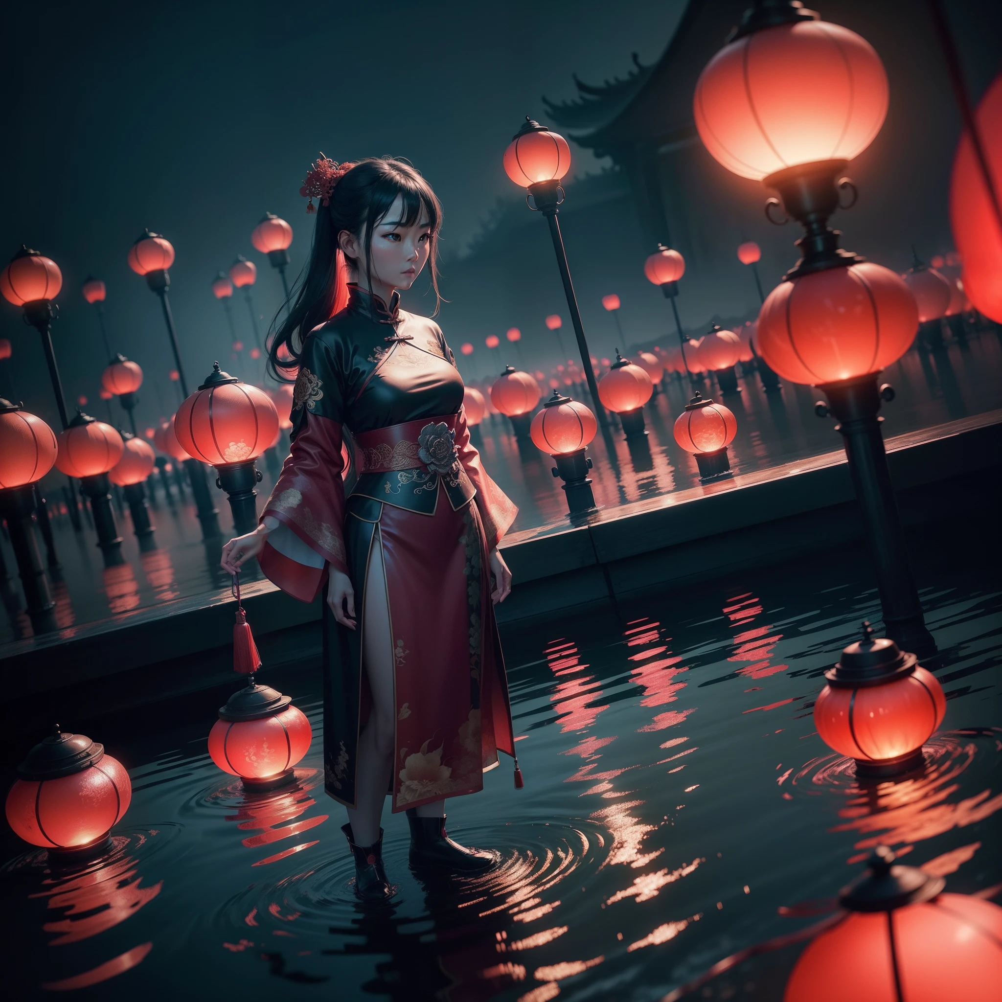 A Chinese woman standing on top of water with red lamps floating in the sky, night time the red lamps shining light in the scene, with iridescent light, highly detailed images, vibrant beautiful colours, photorealistic image, 8k, ultra HD, unreal engine rendered, cinematic lighting, artgerm style,