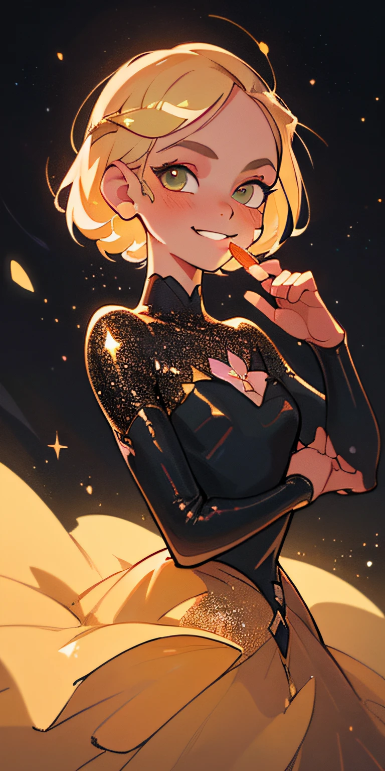 (best quality, masterpiece), 1girl, closeup, galaxy, glitter, dress, particle, wind, flower, dark simple background, looking at viewer, flirtatious smile expression, biting lip playfully, short blonde hair