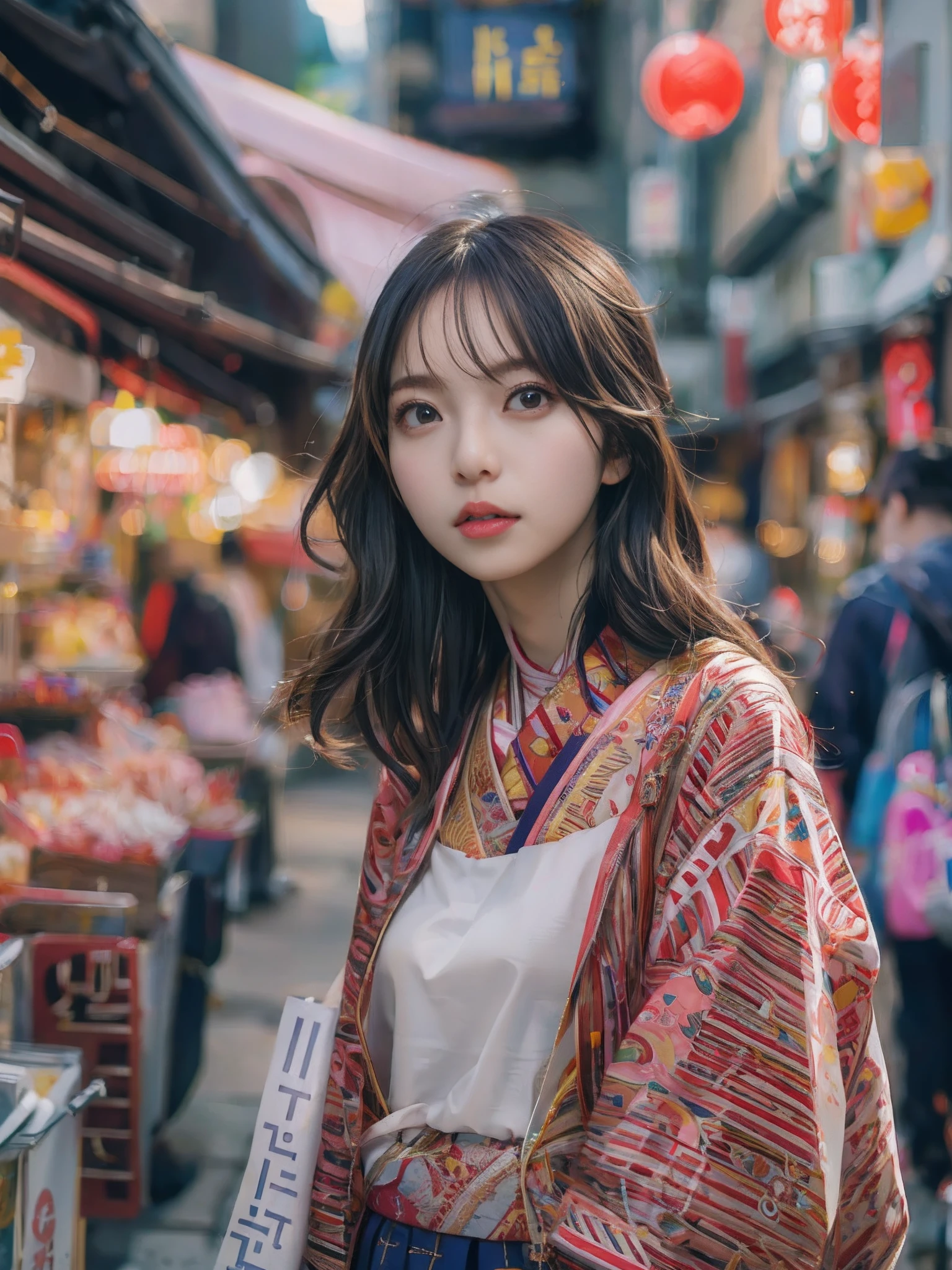 8k, Best Quality, (Beauty), High Definition, Realistic, Real Person, Woman Standing In Front Of Stall On Busy Street, Photo Inspired by Yu Mei, Unsplash Contest Winner, Realism, Korean Girl, Ulzo, Beautiful Korean Woman, Chinese Girl, Popular Korean Makeup, Korean Women's Fashion Model, Popular Korean Makeup, Beautiful Young Korean Women, Japan street fashion, korean women, Japan streetwear