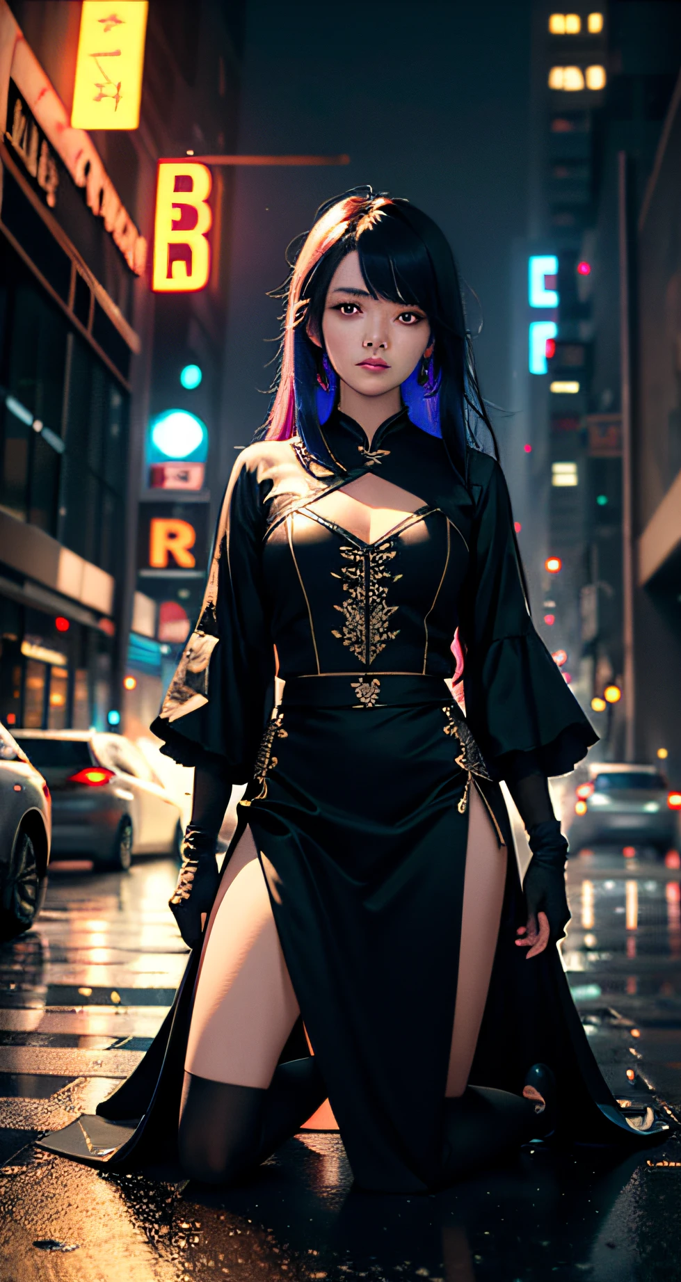 Goddess ((goddess-like woman)), slim elegant silhouette, masterpiece, (close angle), best quality, pale skin, fair skin, sweet face, (masterpiece:1,2, best quality), (real picture, intricate details), (1 lady , solo, medium tits, slim waistline, ), ((Jinx/LOL)),beautiful face, kissable lips, long dark blue hair with a lighter blue streak, (long dark blue hair with a lighter blue streak), dark blue hair, hair with a lighter blue streak, right eye covered by hair, LONG HAIR, (Long dark blue hair that reaches down to her hips), perfect makeup, realistic face, detailed purple eyes, (purple eyes) bright purple eyes, long hair, eyelashes, mouth slightly open, she has an impressive presence., bracelet, hoop earrings, beautiful face, beautiful eyes, Side Pose, Side View, she is wearing a black Houndstooth Retro Wool Dress/Jacket, tw00lj4ck3t, dress, see-through, black mesh top, long sleeves, black dress, houndstooth, straps, full body, high heel boots, background: city, market alley of a Japanese city, walks through a market alley, there are stalls on the left and right of the alley