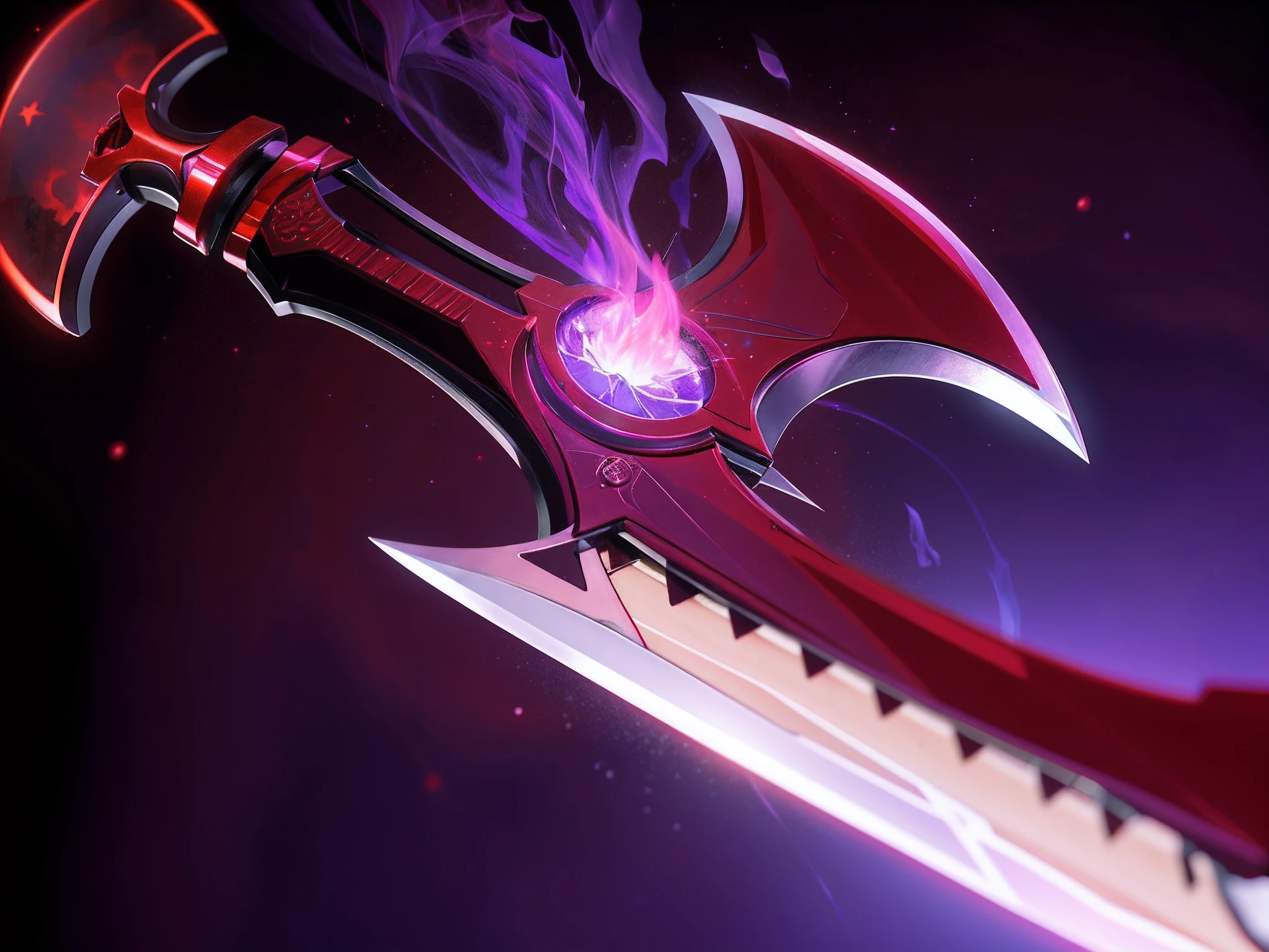 a red scissor with a purple flame coming out of it's blade on a black background, arcane, Epsylon Point, synchromism, a raytraced image