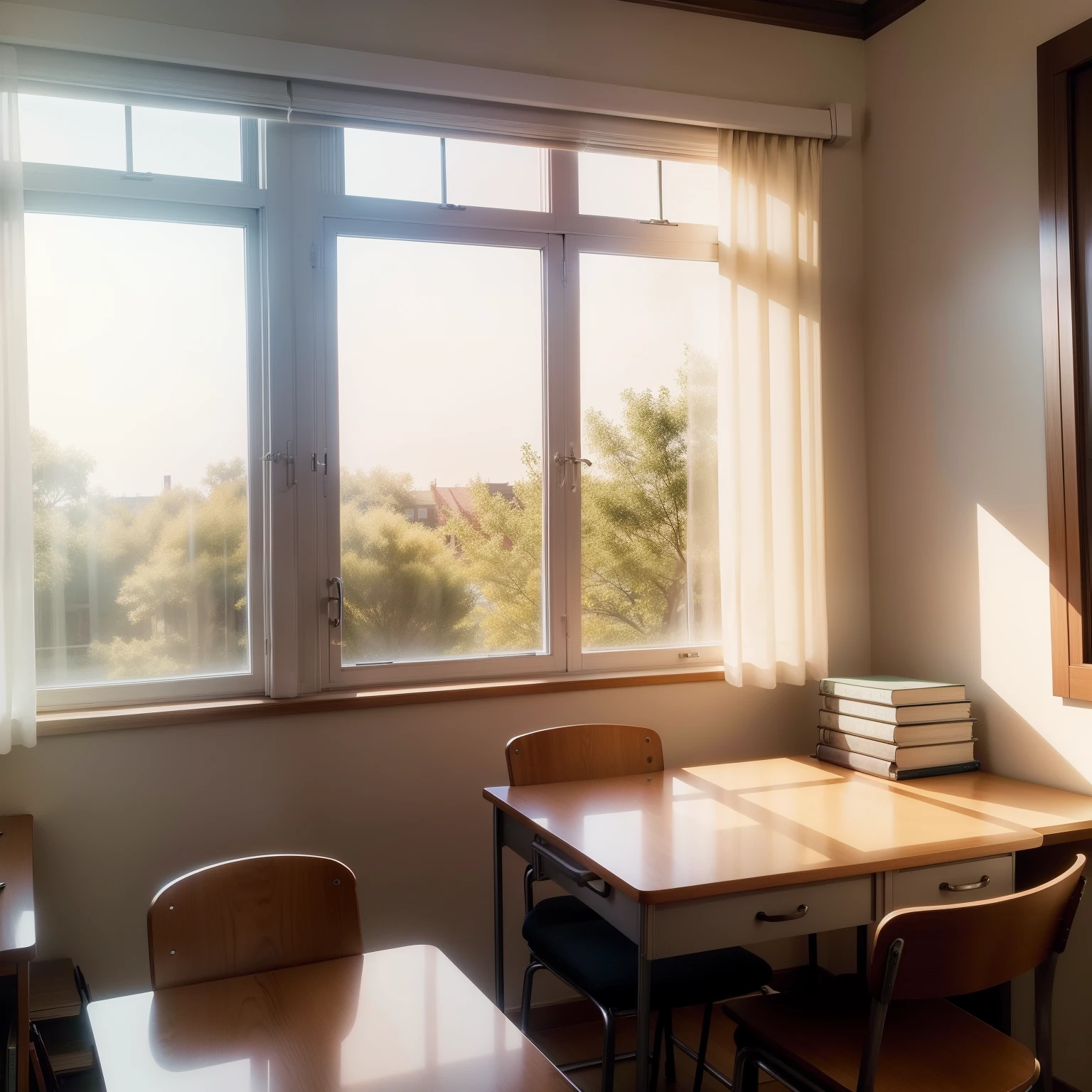 A study room full of books window Linen curtains