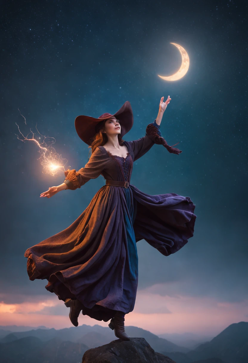 masterpiece, best quality, ultra-detailed, illustration, 1girl, solo, fantasy, flying, broom, night sky, outdoors, magic, spells, moon, stars, clouds, wind, hair, cape, hat, boots, broomstick, glowing, mysterious, enchanting, whimsical, playful, adventurous, freedom, wonder, imagination, determination, skill, speed, movement, energy, realism, naturalistic, figurative, representational, beauty, fantasy culture, mythology, fairy tales, folklore, legends, witches, wizards, magical creatures, fantasy worlds, composition, scale, foreground, middle ground, background, perspective, light, color, texture, detail, beauty, wonder.