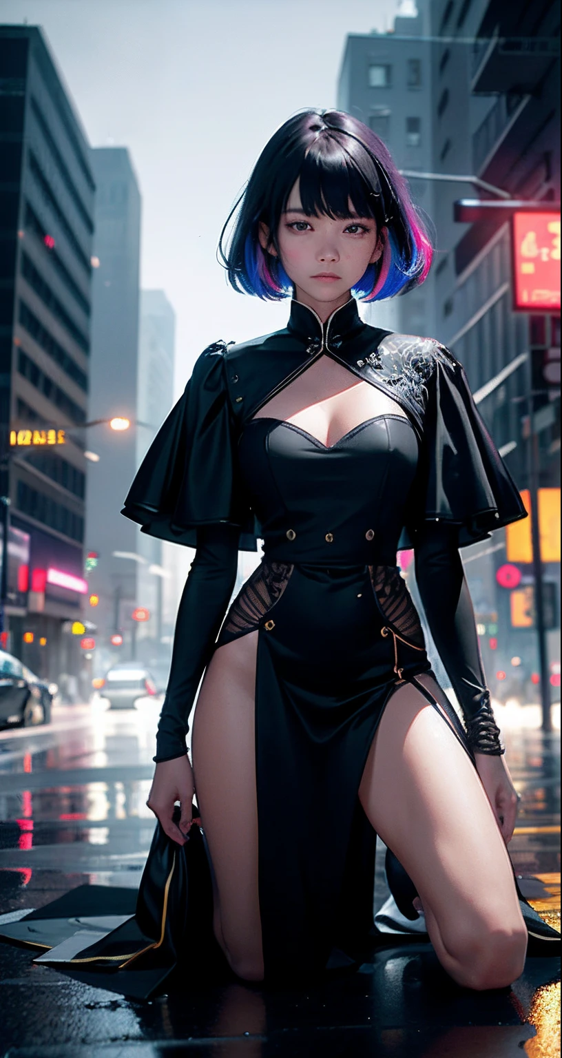 tmasterpiece,best qualtiy,1 girl,sexy for,teardrop,Melancholic,wretched,full bodyesbian,very heavy rain,Kneeling,Colorful clothes,Depressed,In the city of the future,the night,Colorful hair color,Bigchest,Tremendously beautiful,Asian people,Highest quality, Skin texture, Intricate details, (Cinematic lighting), 8K