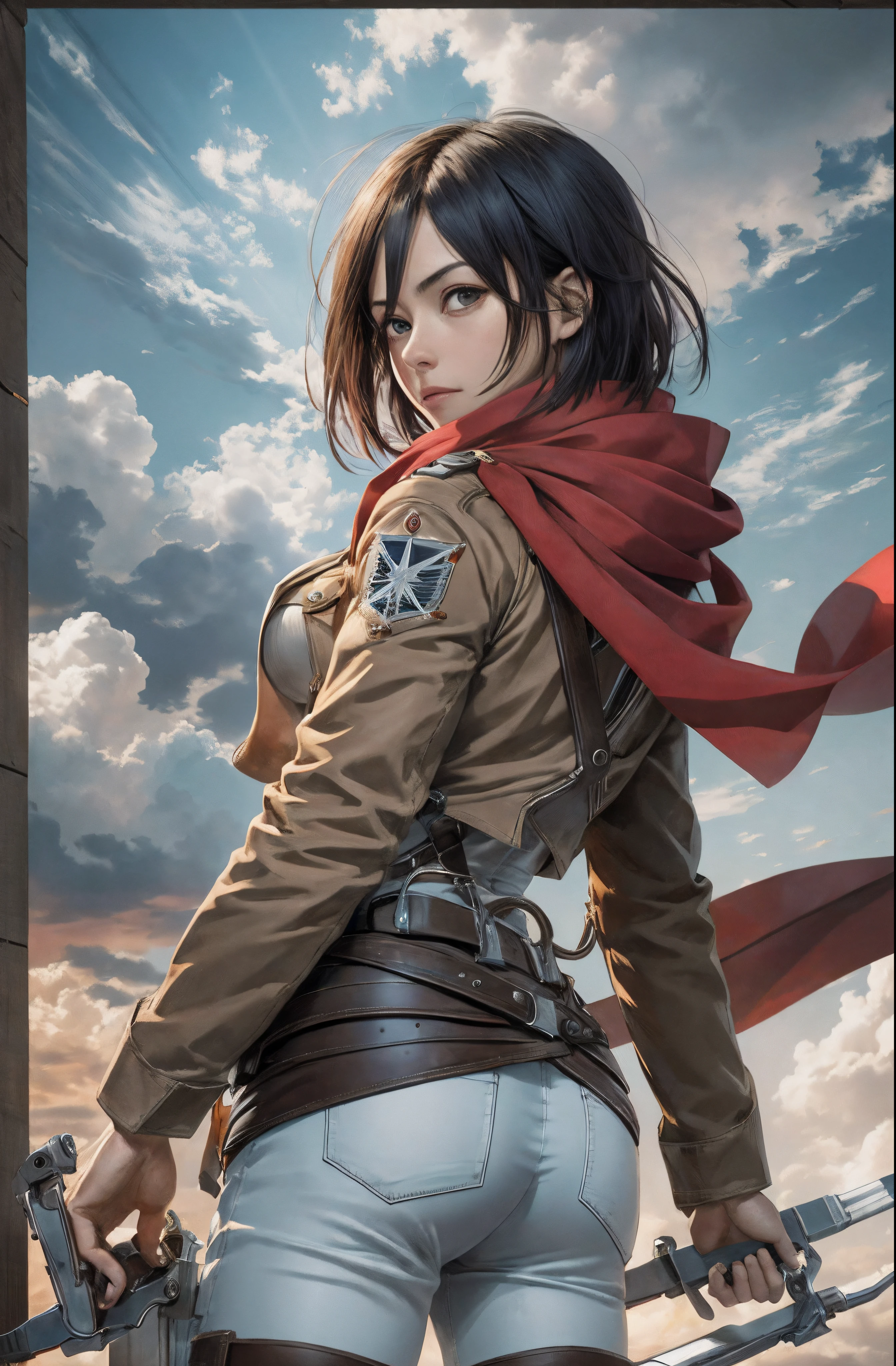 Mikasa, master part, best quality, A high resolution, short hair, olhos negros, echarpe, emblema, belt, banda da coxa, red scarf, white pant, jaqueta marrom, mangas compridas, segurando arma, espada, dupla empunhadura, Three-dimensional electric gear, arms spread open, standing on one leg, tiro largo, heaven, extremely high quality, high resolution.virado para longe da plateia，back to look back，