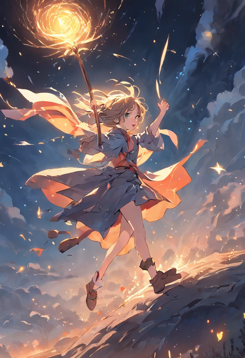 masterpiece, best quality, ultra-detailed, illustration, 1girl, solo, fantasy, flying, broom, night sky, outdoors, magic, spells, moon, stars, clouds, wind, hair, cape, hat, boots, broomstick, glowing, mysterious, enchanting, whimsical, playful, adventurous, freedom, wonder, imagination, determination, skill, speed, movement, energy, realism, naturalistic, figurative, representational, beauty, fantasy culture, mythology, fairy tales, folklore, legends, witches, wizards, magical creatures, fantasy worlds, composition, scale, foreground, middle ground, background, perspective, light, color, texture, detail, beauty, wonder.
