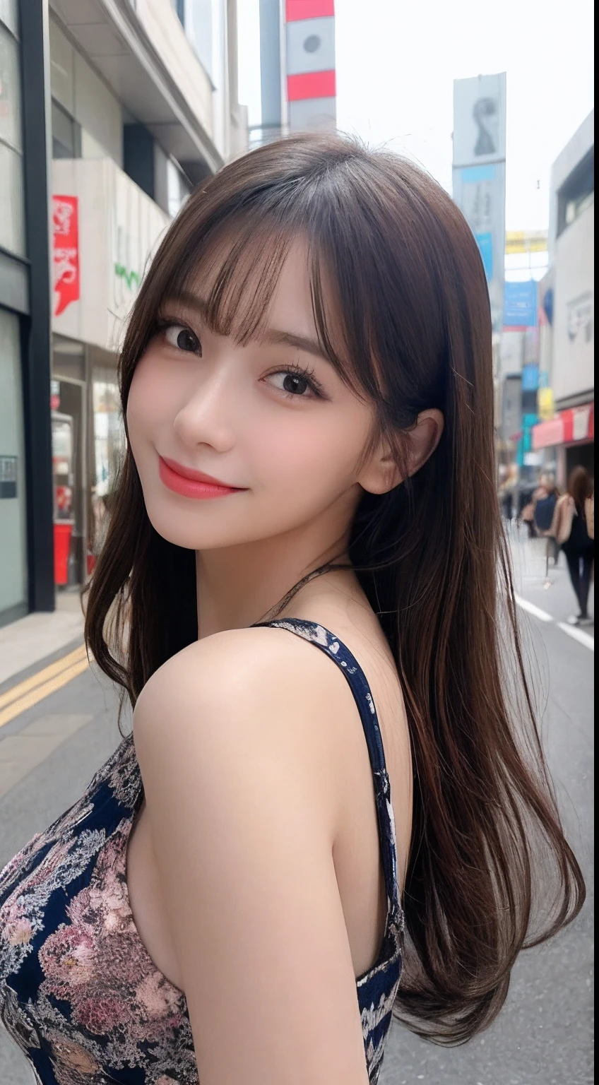 masutepiece, Best Quality, Illustration, Ultra-detailed, finely detail, hight resolution, 8K Wallpaper, Perfect dynamic composition, Beautiful detailed eyes, Women's Fashion Summer,Medium Hair,Small breasts natural color lip, Bold sexy poses,Smile,Harajuku、20 years girl、Cute、Sexy shot looking at camera、Take a photo with your face to your face when kissing