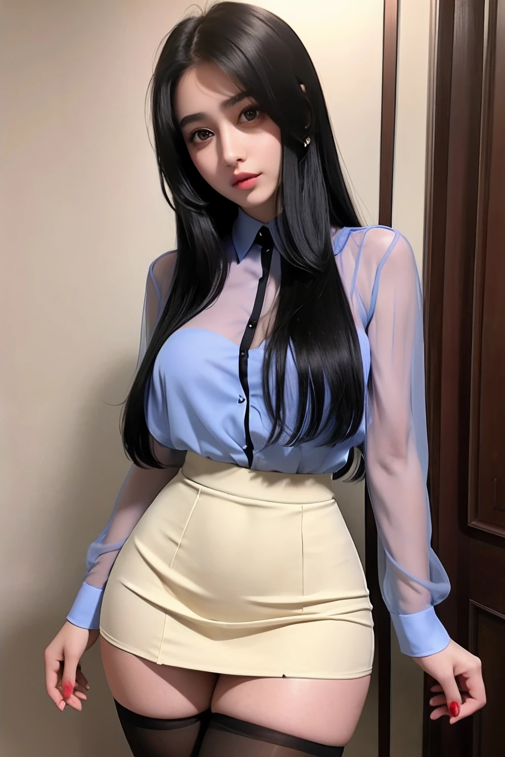 a beautiful yo Turki woman, sheer shirt, high waist short skirt , thighhighs
