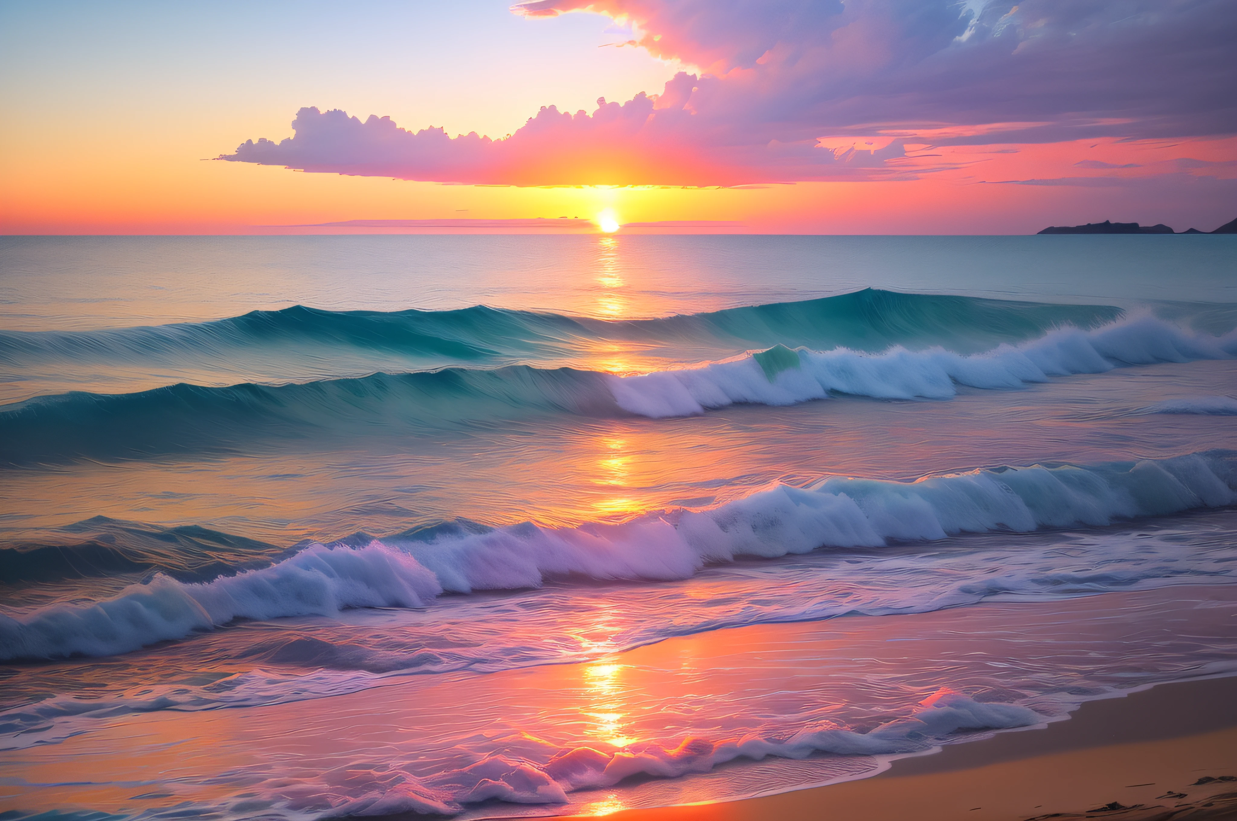 Enchanting sunset over the beach、evening glow、an orange、pink there、Yellow mixes to fill the blue sky。The crystal clear sea gently touches the coast、White sandy beaches、Dynamic and breathtaking。