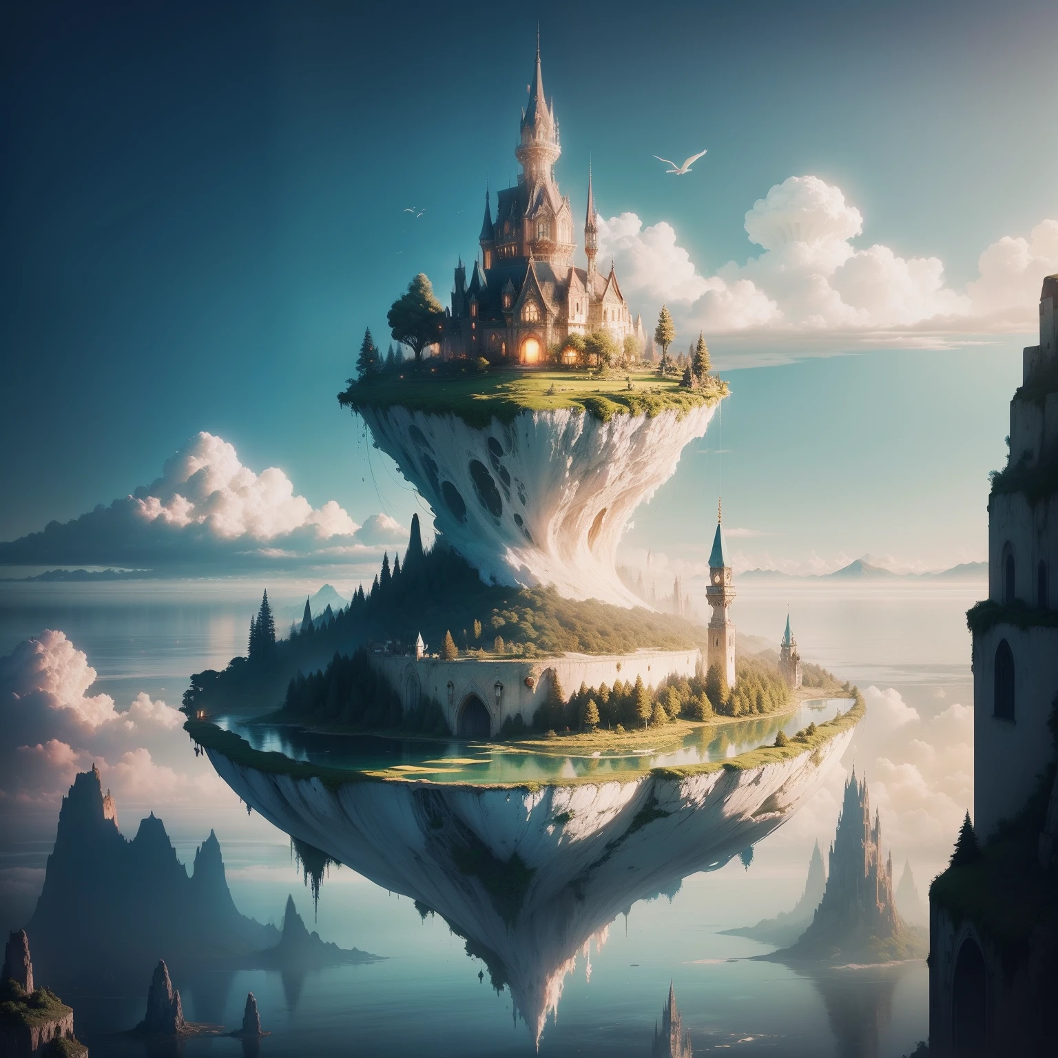 "Floating island in a dreamy and enchanting setting."