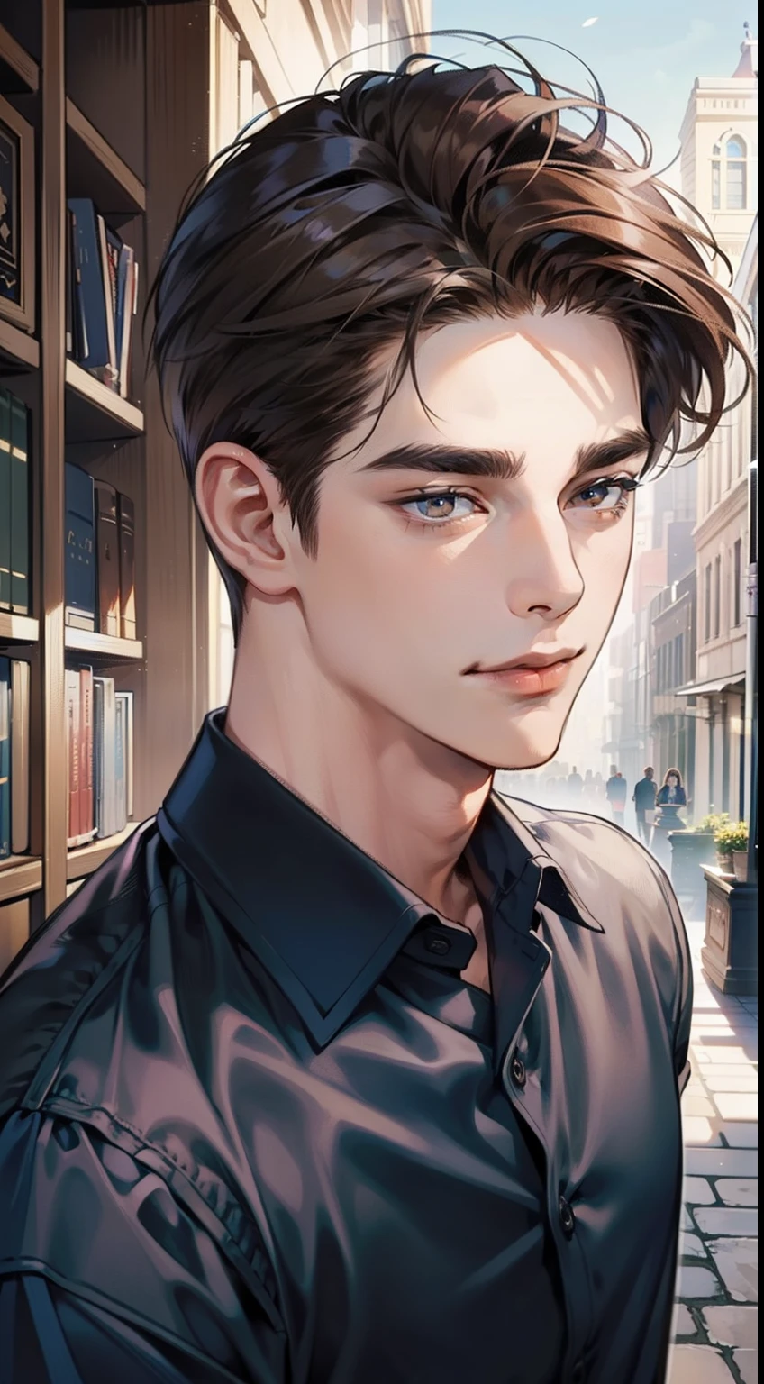 masterpiece, best quality, realistic, 1man, mature male, quiet and charming young man, 25years old, a smirk, closed mouth, portrait, extremely detailed face, a little distant, ((dark eyes)), ((short-right-swept dark brown hair)), [thick eyebrows], bookstore ((blue shirt)), handsome male