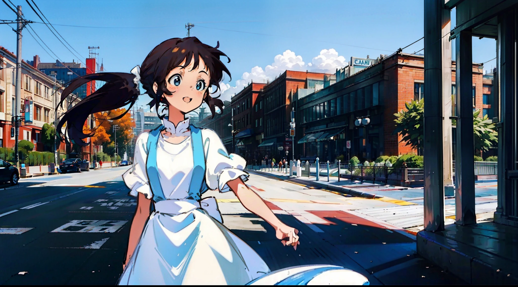 Summer streets，A gentle breeze，Black single ponytail，Anime shoujo，beauitful face，ultra-clear，high qulity，124k，white dresses，Black tie，Lively and cheerful，and the sun was shining brightly