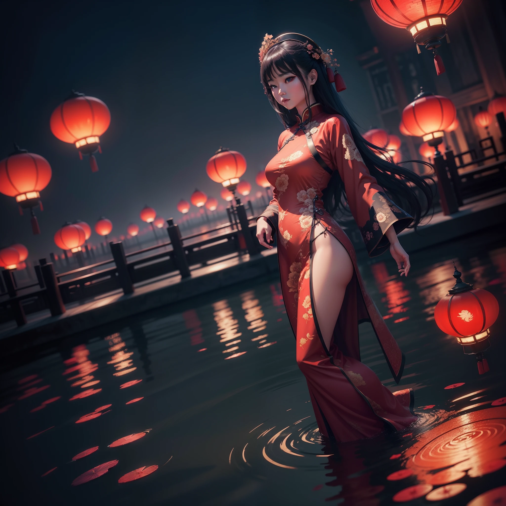 A beautiful Chinese woman standing on top of water with red lamps floating in the sky, night time the red lamps shining light in the scene, with iridescent light, highly detailed images, vibrant beautiful colours, photorealistic image, 8k, ultra HD, unreal engine rendered, cinematic lighting, artgerm style,