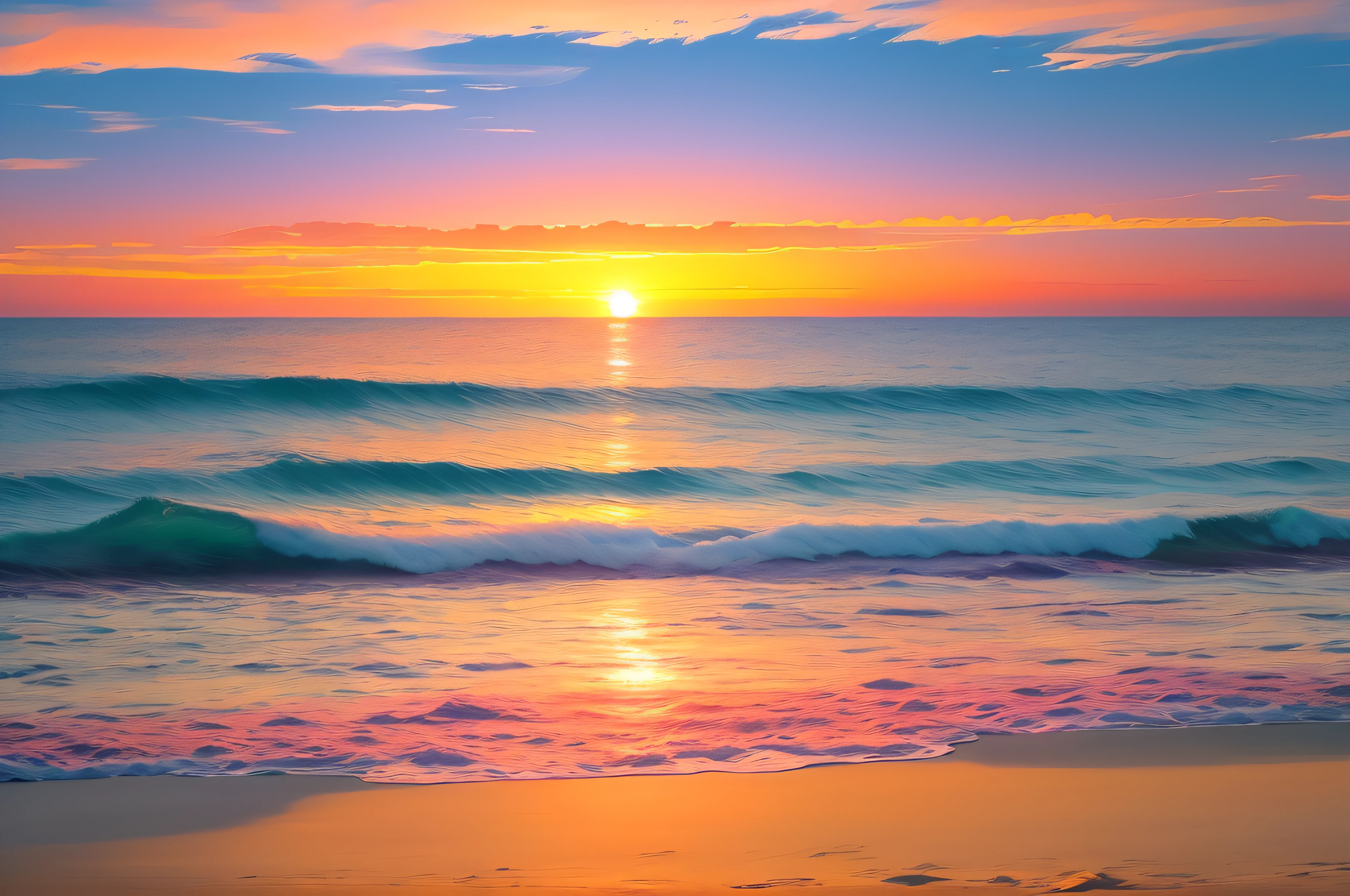 Enchanting sunset over the beach、evening glow、an orange、pink there、Yellow mixes to fill the blue sky。The crystal clear sea gently touches the coast、White sandy beaches、Dynamic and breathtaking。