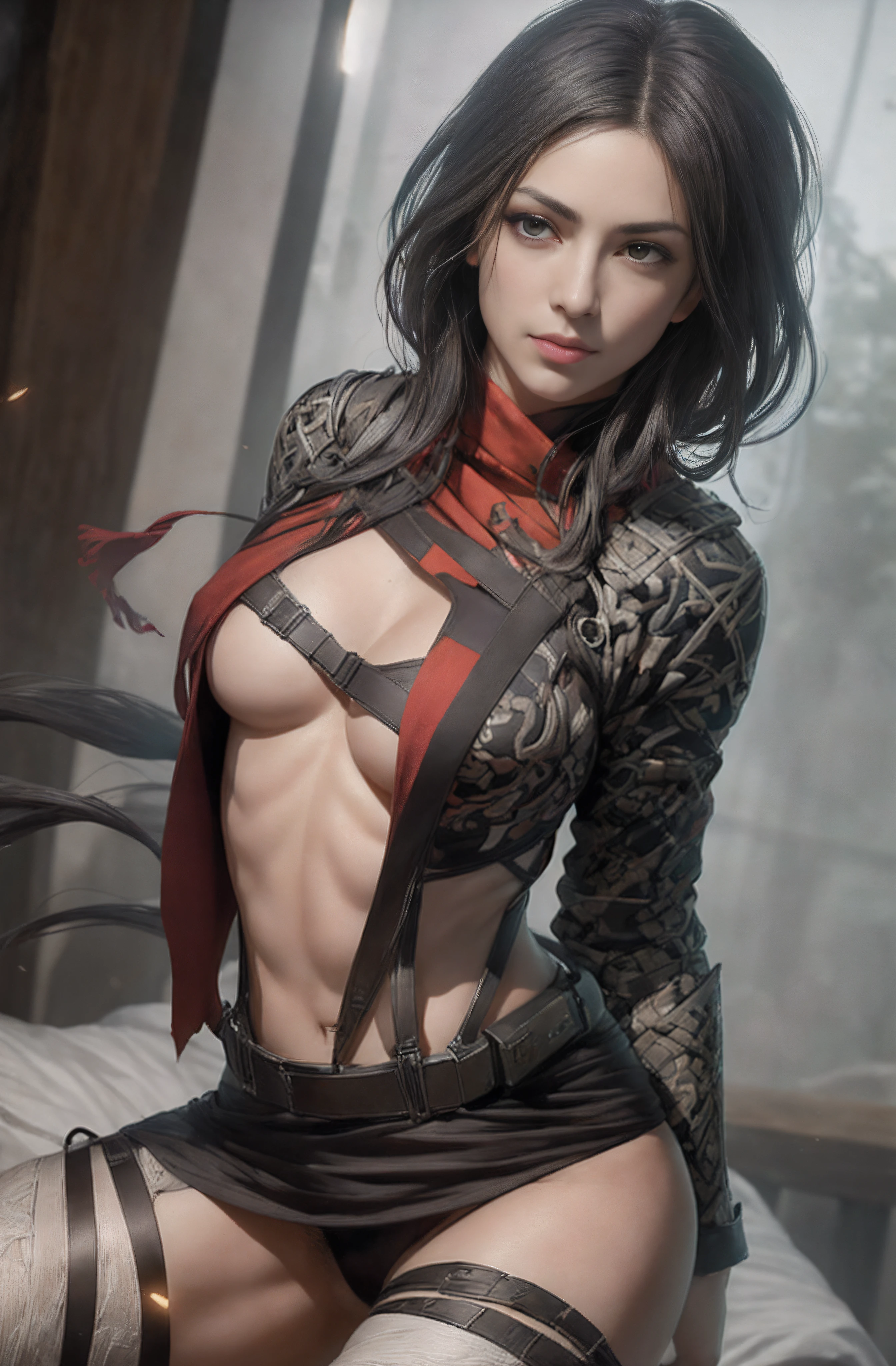 Imagem de Mikasa Ackeman , obra-prima, melhor qualidade, lindo, Awesome, epics, 1girl, ninja-mask, corpo para cima, Kong-fu, cabelo preto, olhos pretos, Chinese hairstyle, transparente, cinematic lighthing, Highlight lighting, Dramatic_Sombra, raio_Rastreamento, complex clothes and patterns, luta, segurando faca, franja de cabelo, cachecol,, peitos grandes, corpo definido, guerreira, sensual, zoom em seus olhos, Mikasa is in her bed at night, (1Girl in)、(realisitic)、( fotorrealista:1.5)、Batomornsardas、cabelos pretos, 8k UHD、(filmgrain) extremamente delicado e bonito、8k, alta qualidade、alta resolução, ju、ighly detalhado、belos olhos detalhados、 olhos e rosto extremamente detalhados、obra prima、(lighting like a movie)、(pele de alto detalhe:1.2)、8k UHD、Digital SLR、a strong illumination of fire、alta qualidade、filmgrain、obra prima, qualidade superior, alta qualidade, alta resolução, ((muito nitido)), Photo taken with long-range professional camera, alta qualidade, preservar face, sensual
