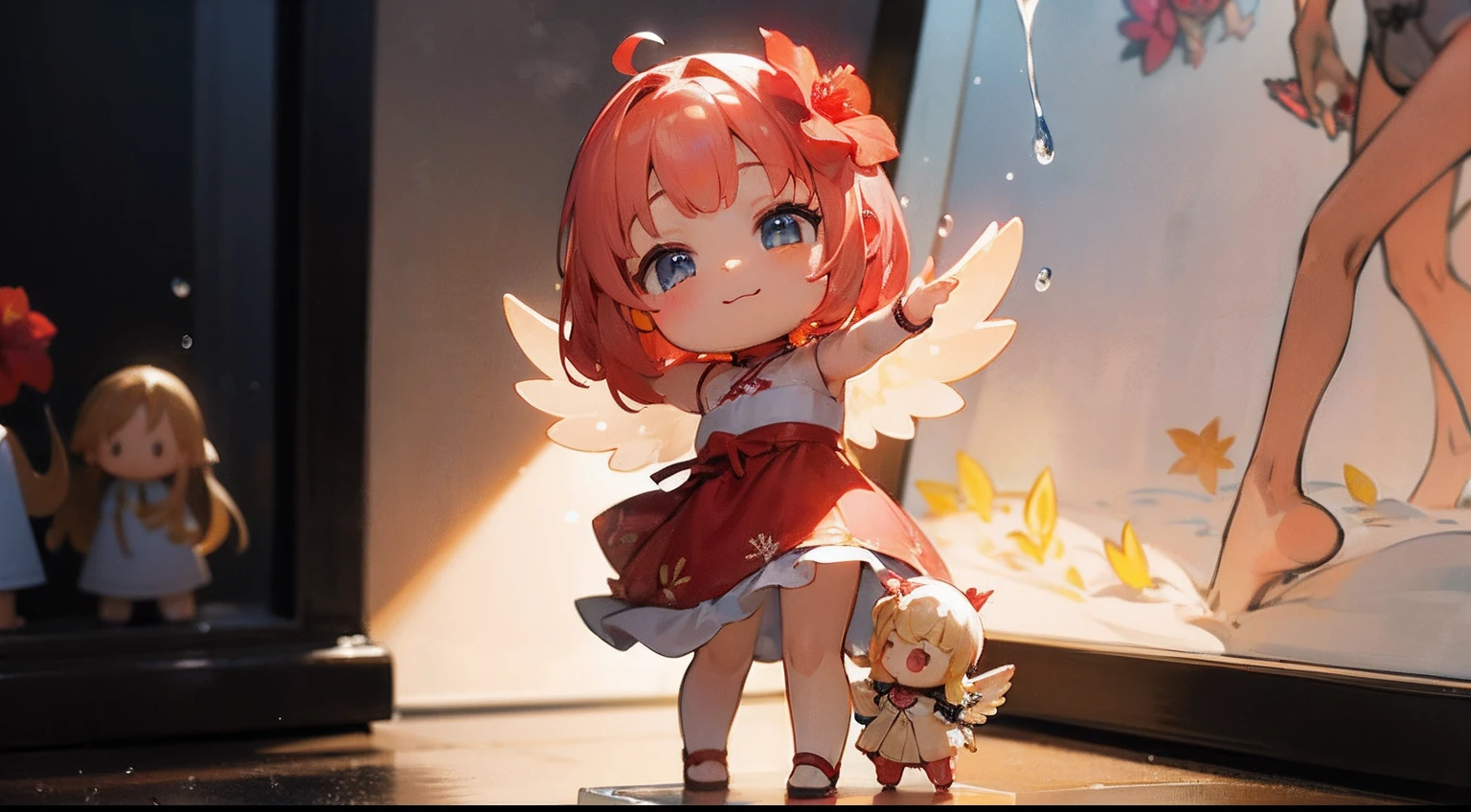 photoRealstic、Top Text Says "Code Angel"、Doll standing in front of the painting、swim wears、laugh face、Water droplets on the cheeks、Selfie Pose、spreading arms widely、、Sengai、pixiv、rokoko、dollfie dream、watercolor Nendoroid、(High Definition Figure)、Flowing Red Silk、nendroid、bustup、Hibiscus petals、season!!: 夏☀ 🍂 ハイビスカス
