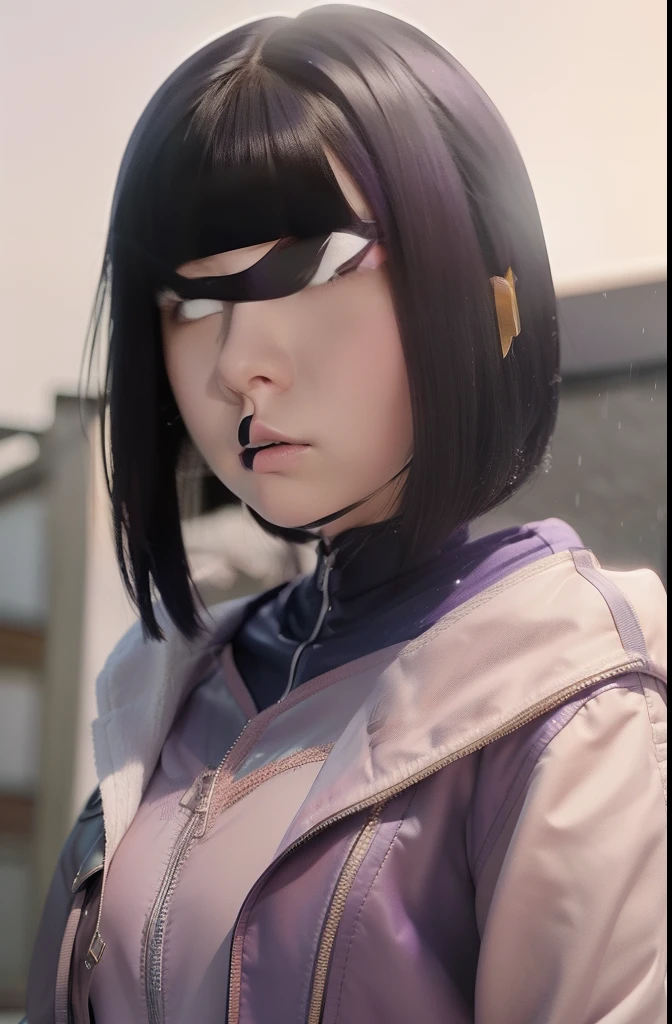 Hinata hyuga A woman was standing in the yard. He looked like he was wearing a gray suit. With a silver purple leather jacket. She had short blue hair with bangs in front. White as snow. And rosy cheeks. And a tiny pink lip. He looked into the camera. So pretty and realistic