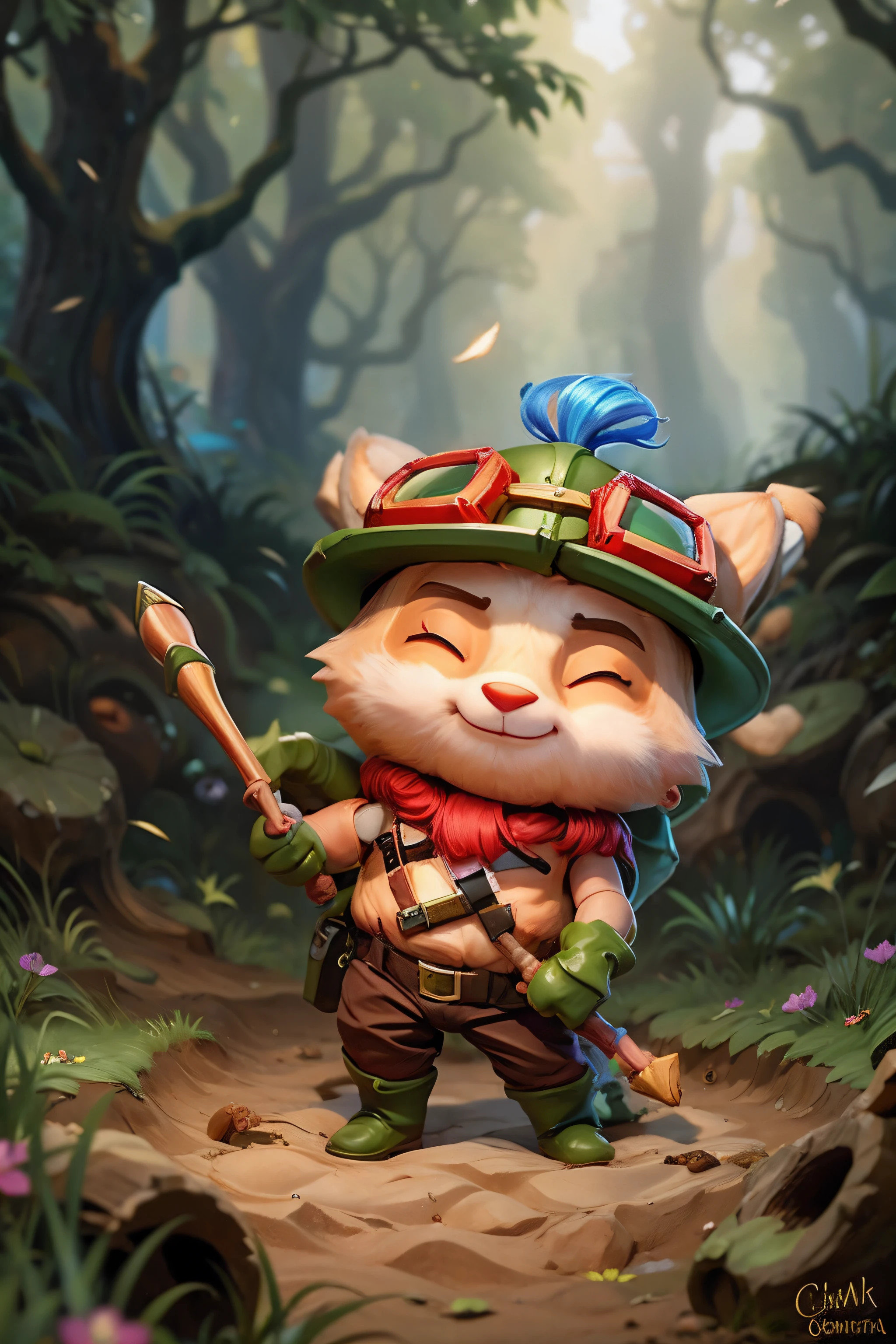 Penis, E621, mushroom field, 1boy, teemo, ^ ^, fur, furry, closed eyes, sitting in a forest, sitting on a branch, best quality, masterpiece night, naked, little penis, flaccid penis, genitals, short penis shaft, wearing only a green boots and his green helmet, ears through the helmet, green gloves, Goggles on hat, legs spread, viewer from the bottom, looking at viewer, showing anus, neck fur