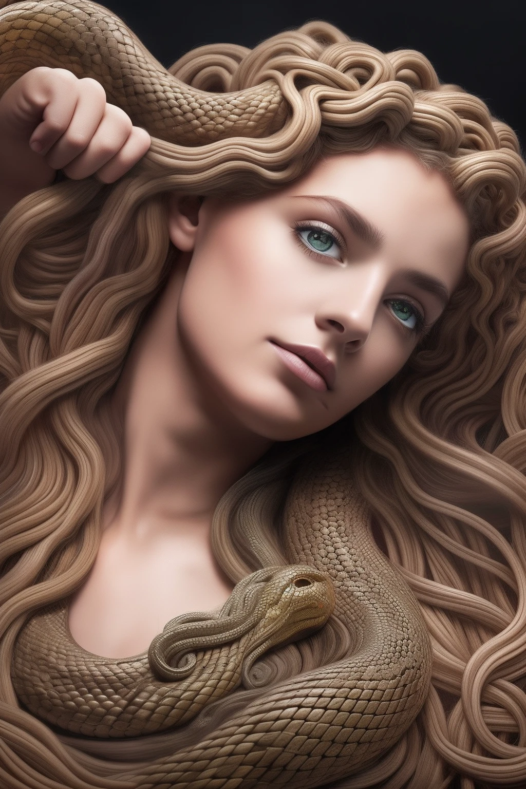 (piece of master:1.4), (melhor qualidade:1.2),(fotorrealista:1.4), (extremamente intrincado:1.2),(foco nítido), . .RAW, ultra super realista, (Very high resolution), 8k UHD, (Requintadamente detalhado), (dramatic light), (bela luz detalhada), (Ultra cor), (anatomia perfeita), melhor qualidade, Ultra High Definition, (Cinematic light), Medusa antiga profissional da mitologia grega, no deformations ,medusa from Greek mythology, serpent hair, each strand of hair is a serptent, messy hair , Hair is snakes