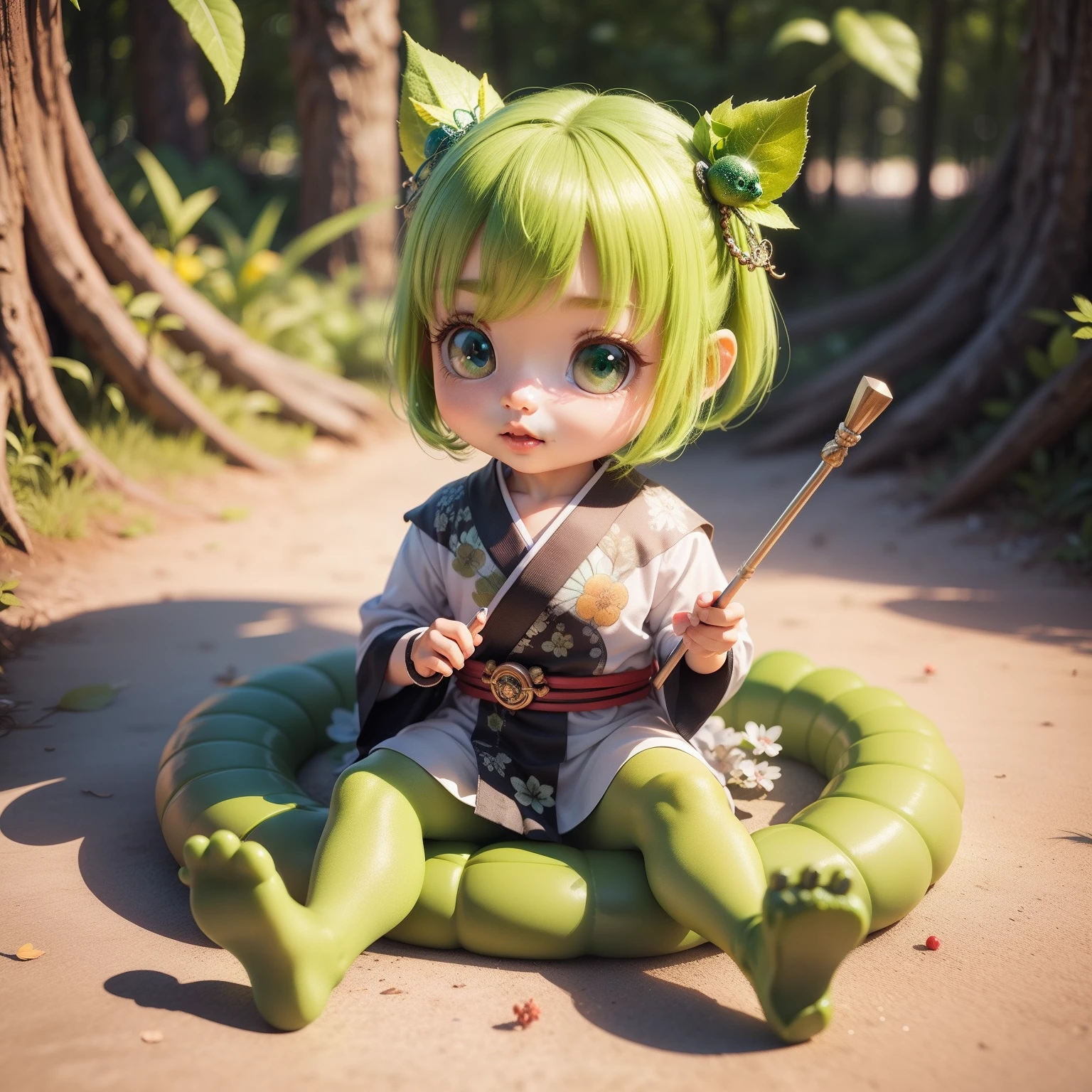 Cute Baby Chibi Anime、(((chibi 3d))) (Best Quality), (masutepiece)、Chibi Yokai、Green slimy skin、Reptile green face、Green cane、fairy tale forest、Green fruits grow
