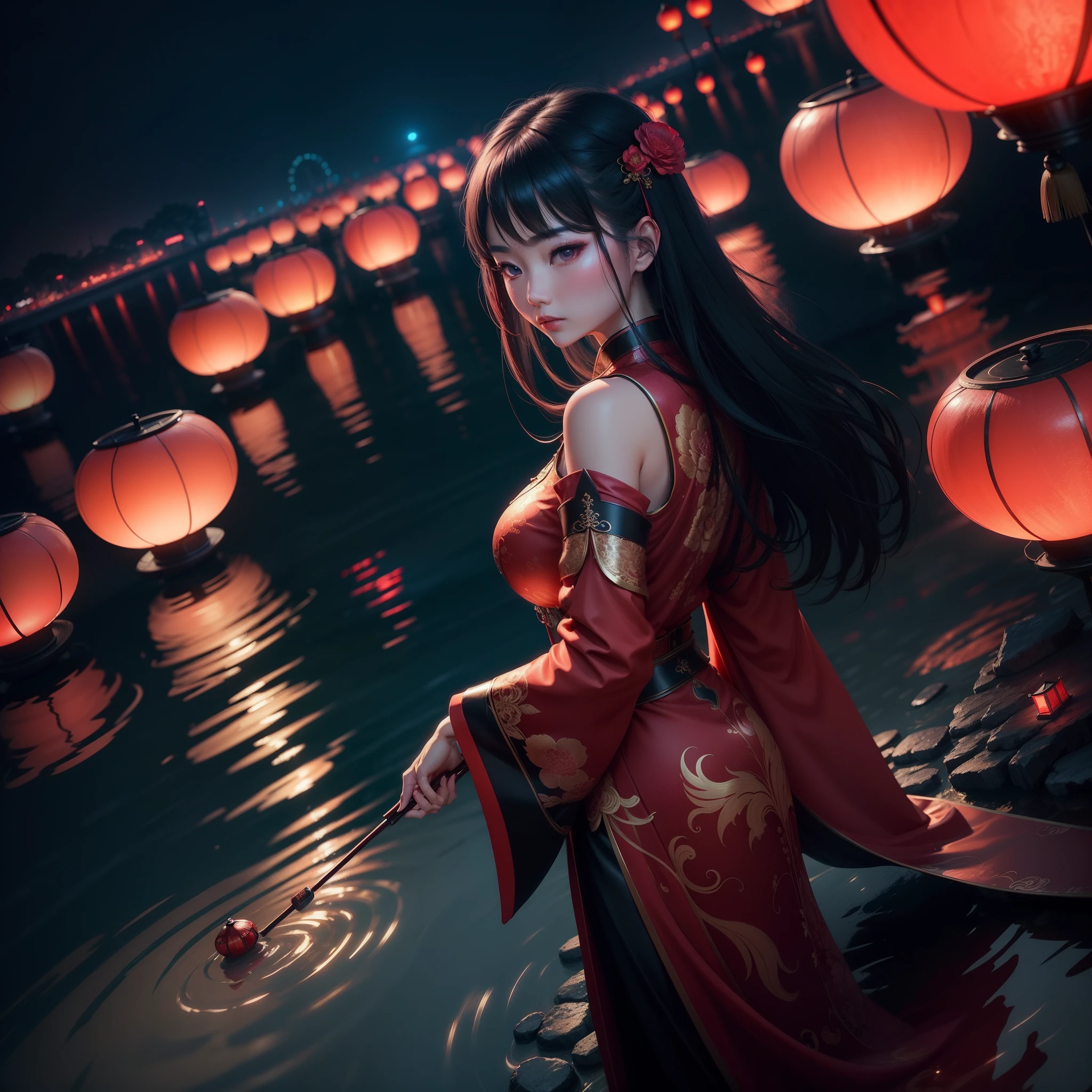 A beautiful Chinese woman standing on top of water with red lamps floating in the sky, night time the red lamps shining light in the scene, with iridescent light, highly detailed images, vibrant beautiful colours, photorealistic image, 8k, ultra HD, unreal engine rendered, cinematic lighting, artgerm style,