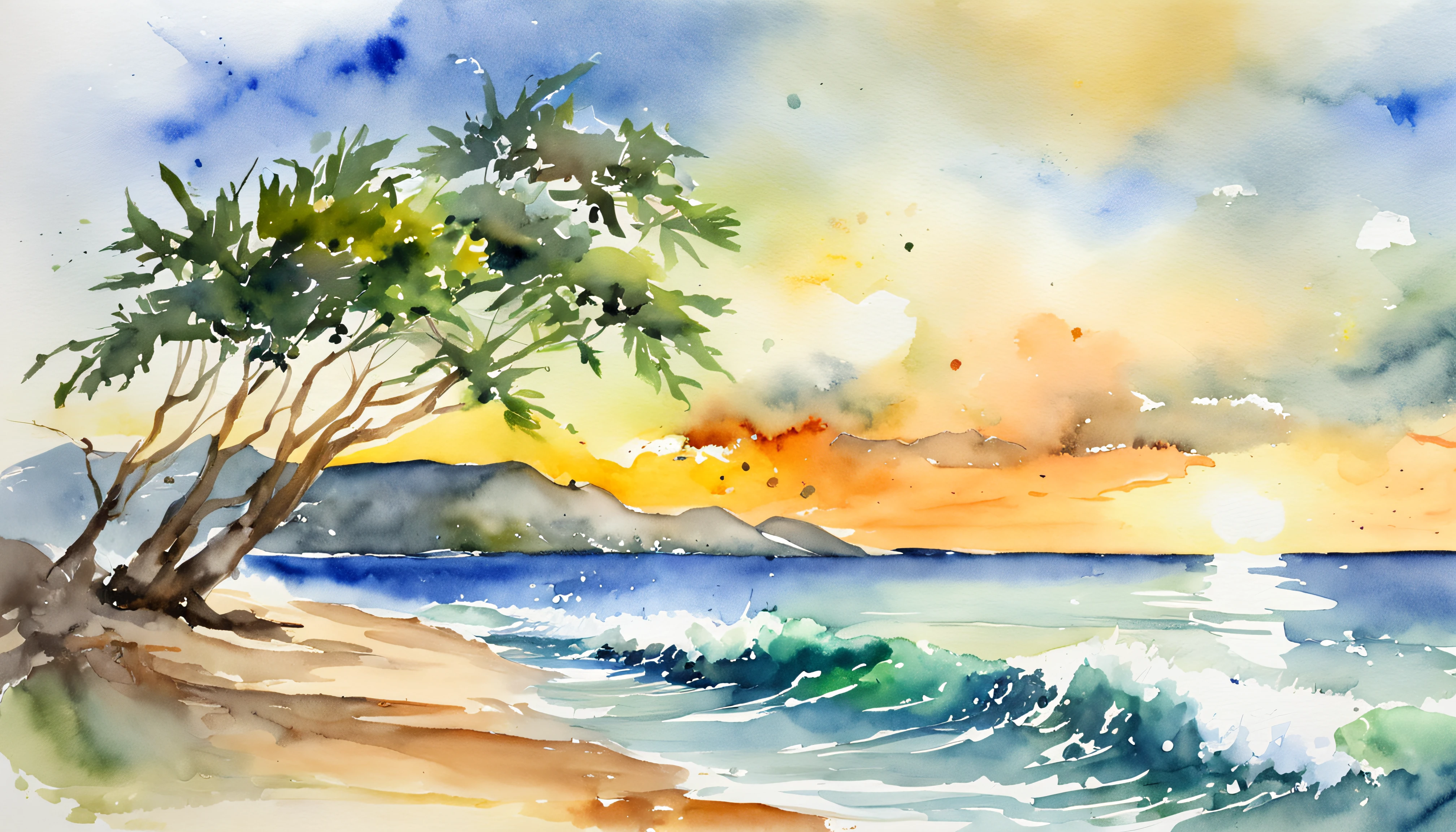 watercolor paiting、aquarelle、Beautiful island sunrise, Small waves gently lap the beach, Open view of the calm emerald sea, the morning sun、morning glow、hawaii