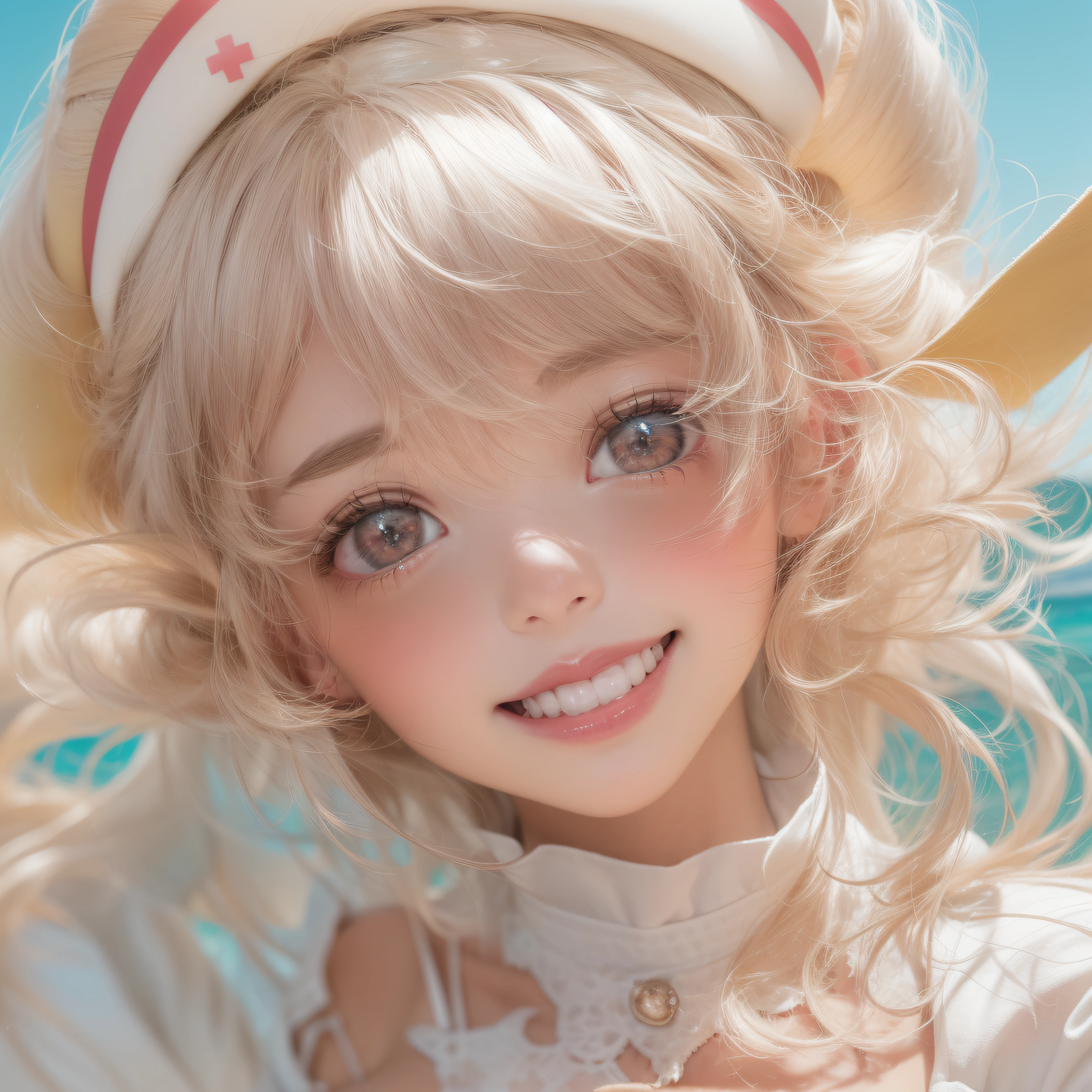 Close up of a smile with the corners of the mouth raised、Nurse、Nurse Costume、Cosplay、(realisitic、hight resolution)、(1 girl in)、Nurse、Do-Up Eye、Korean Girl、(Best Quality), (masutepiece), (1girl in), Solo, a beauty girl, Perfect face, Big Breast,dreamlikeart、Highly detailed airbrush art((Surreal))、Volumetric lighting、(top-quality)、The ultra-detailliert、(The composition of the movement:1.4)、Highly detailed colorful details、(Bright lighting)、dynamic compositions、Ray traching、The mirror reflects light、Shallow depth of field、ultra-detailliert、mixing exposure、nffsw、Her eyes are glowing pink、Staring at the pink sea。Her pink face is full of anticipation and courage for a nurse.、A smile appears on the lips of a nurse。 At the rear、The sun is slowly tilting to the west。Its light brings nurse light to the sea surface、The swaying waves create a beautiful scene。Her eyes are clearly glowing pink。Lots of pink