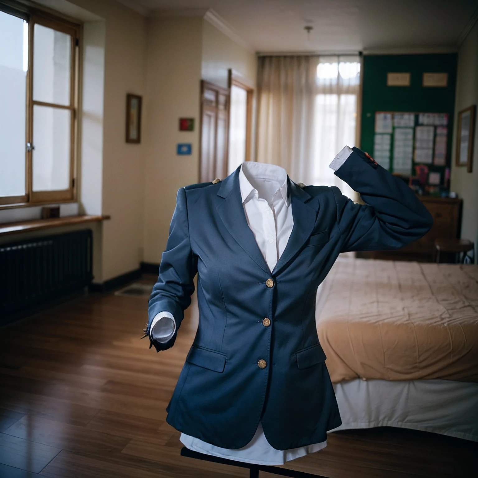 (girls' school blazer:1.7) , (school blazer swells as if worn by invisible girl:1.7),((invisible, no humans:1.7, headless:1.7, handless, legless)), (big breasts:1.9),(on the bed), (pose),
(8k, RAW photo, best quality, masterpiece:1.2), (realistic, photo-realistic:1.37),photon mapping, radiosity, ((Hasselblad photography)),physically-based rendering,