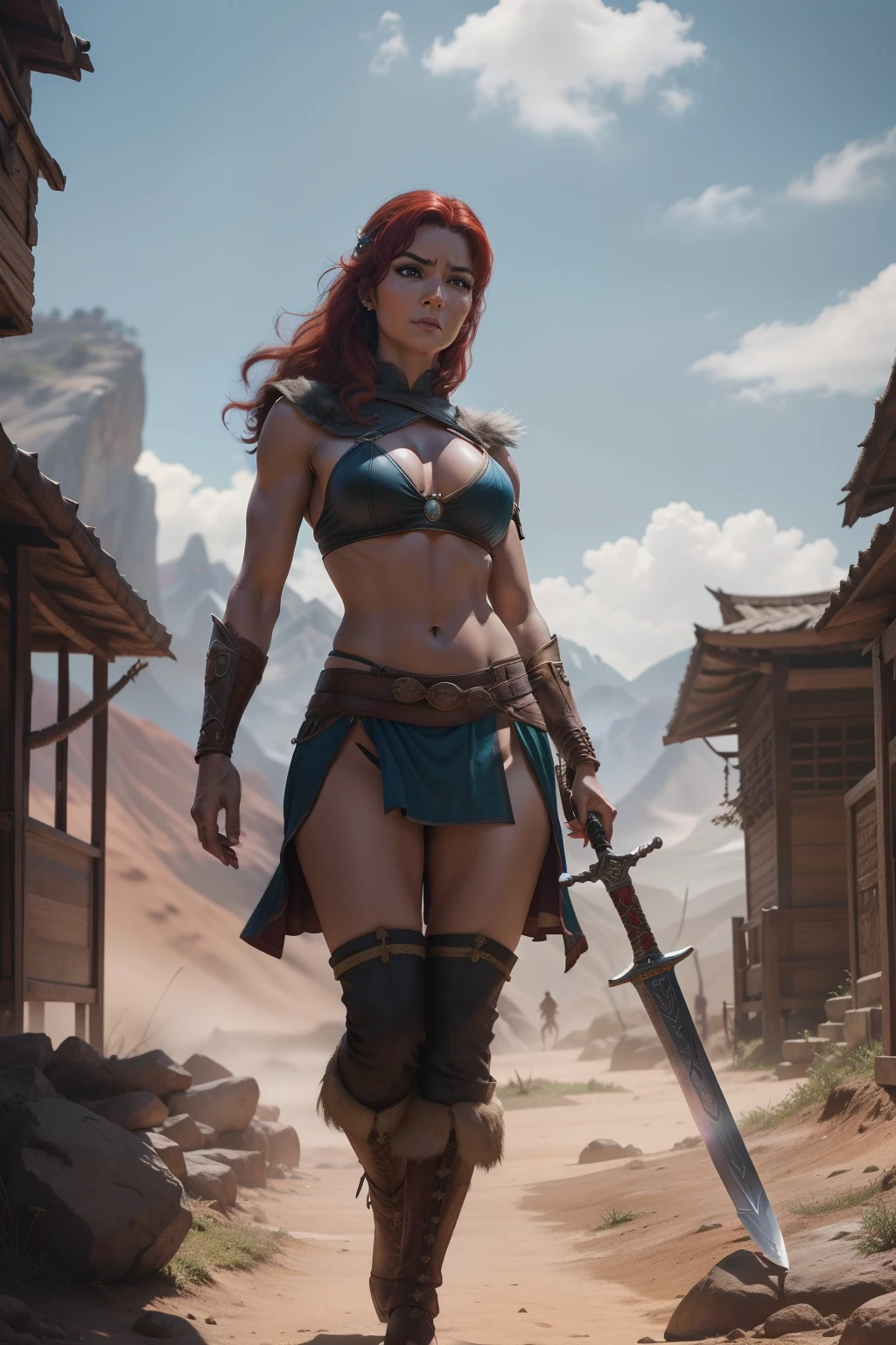 Red Sonja, mulher guerreira, cabelos longos, ruivos, olhos selvagens, voluptuosa, athletic, usando uma cota de malha prateada cobrindo os seios, tanga curta feita de pele animal,botas de couro bordado envelhecido, suando,standing stately holding a hirkanian sword ready to wipe out nomads coming from Khitai. film composition photography, Very detailed, extremely high-resolution, cor profissional, luz maravilhosa, luz do dia, 300k resolution, altamente realista, muitos detalhes.