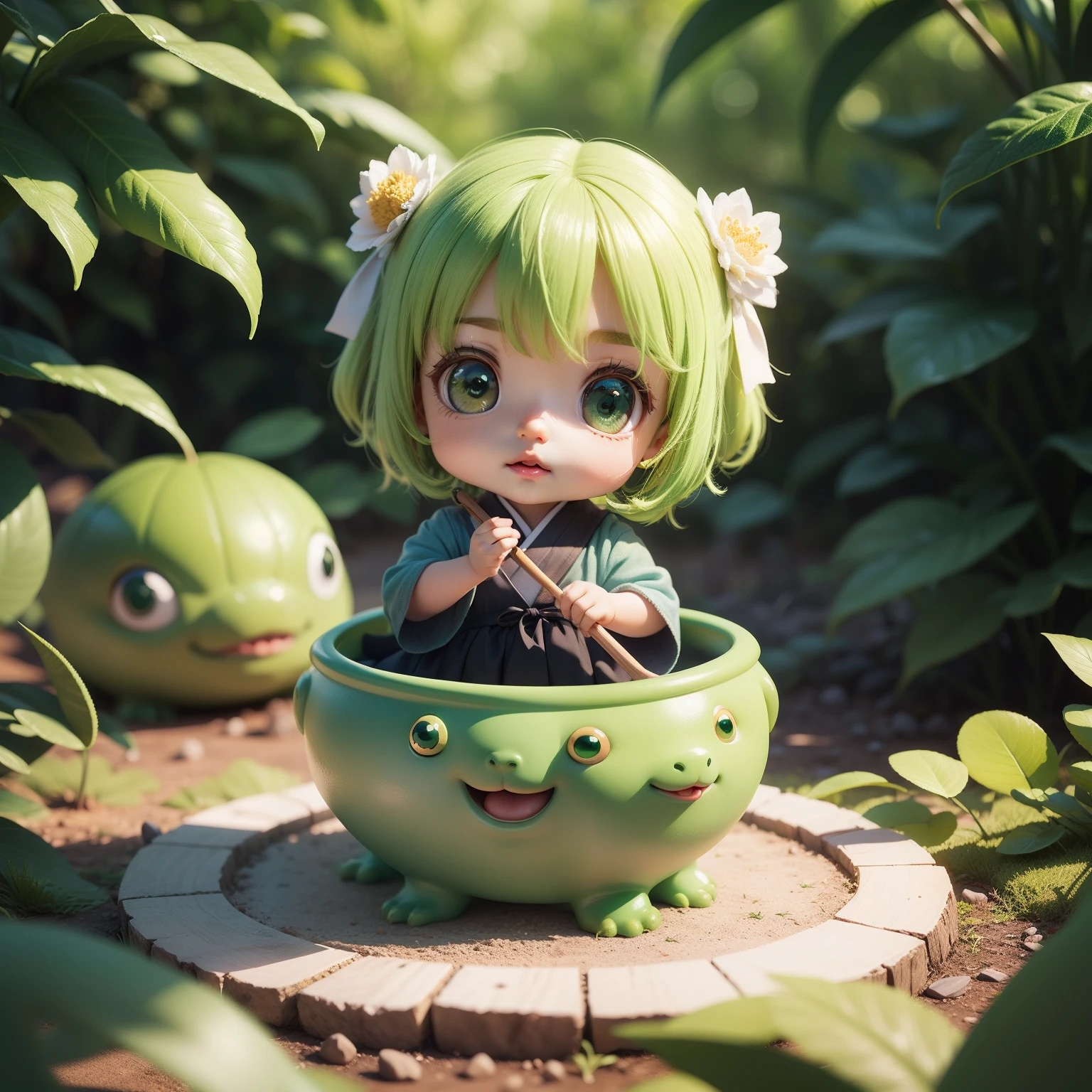 A cute chubby little girl,Double bun by the stream,Holding a big frog,dragonfly, Lotus leaf