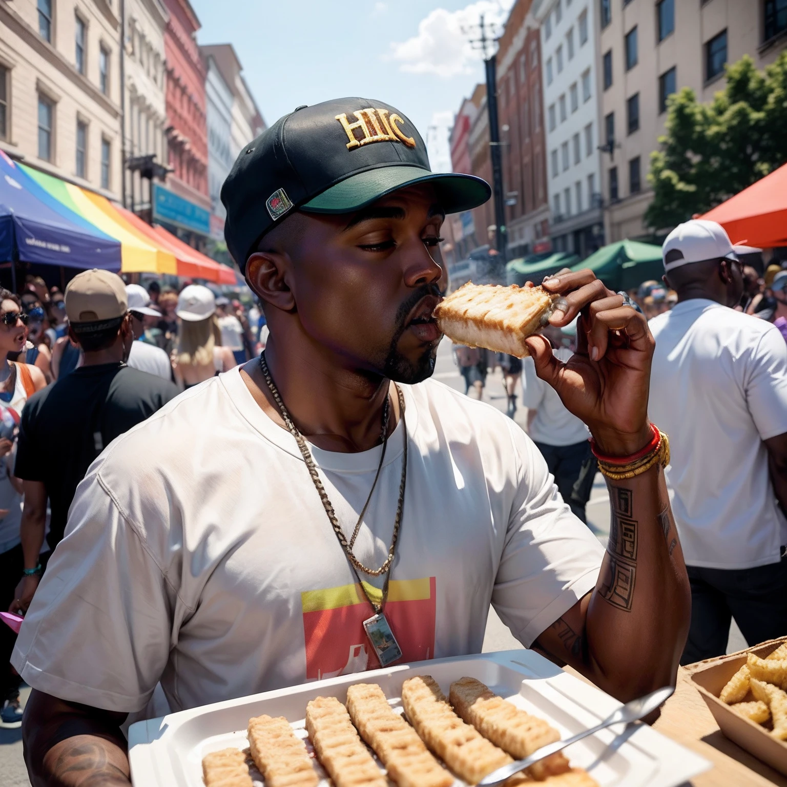 Realistic, Best Quality, Kanye West Eating Fish Sticks at a Pride Parade.