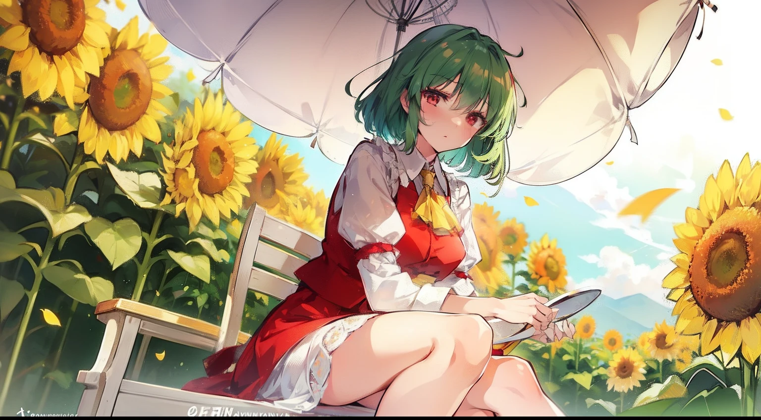 masterpiece, fine detail, 4k, 8k, 12k, solo, solo, beautiful girl, white woman, Yuuka Kazami from Touhou Project, green hair, short hair, red eyes, sitting on a white chair, stylish chair, white desk, stylish desk , stylish parasols, sunlight, sunflower field, sunflowers, hair blowing in the wind, fluttering petals, drinking tea