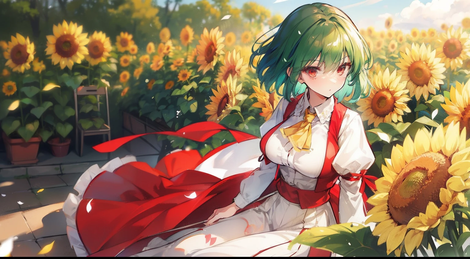 masterpiece, fine detail, 4k, 8k, 12k, solo, solo, beautiful girl, white woman, Yuuka Kazami from Touhou Project, green hair, short hair, red eyes, sitting on a white chair, stylish chair, white desk, stylish desk , stylish parasols, sunlight, sunflower field, sunflowers, hair blowing in the wind, fluttering petals, drinking tea