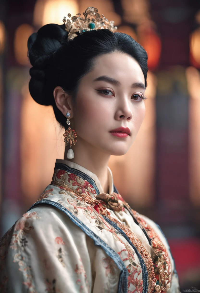 Mid-shot beauty, Chinese, 24 years old, (Pale:1.7) skin, Empress, Black straight hair in a bun hairstyle, Large eyelashes, Self-confident, Serious, haughty, no-makeup, Beautiful body, Intricate Victorian costumes, In the palace, victorian age