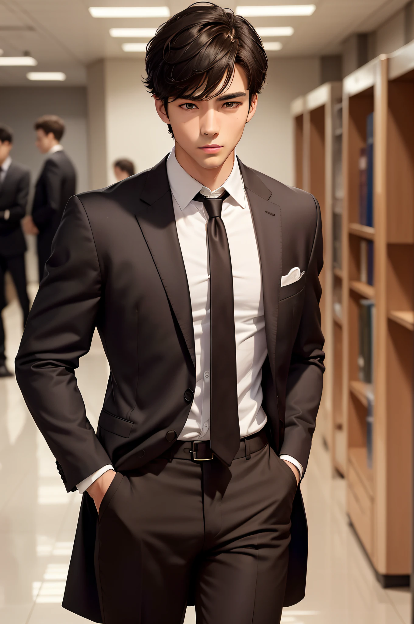 1boy, [Detailed background (campus, college, Library)], Black hair, Dark hair, Short black hair, Korean hairstyle, neat hairstyle, Lean, muscular men, Alpha Male, Masculine men, tall male ((Man wears a brown suit, Brown pants, specification)) Hold your briefcase)), Correct limbs, Correct anatomy, Handsome, Eye details, Beautiful eyes, Delicate eyes, grey  eyes, wide breasts, broad shoulders, tiny waist, Long legs, Serious face
