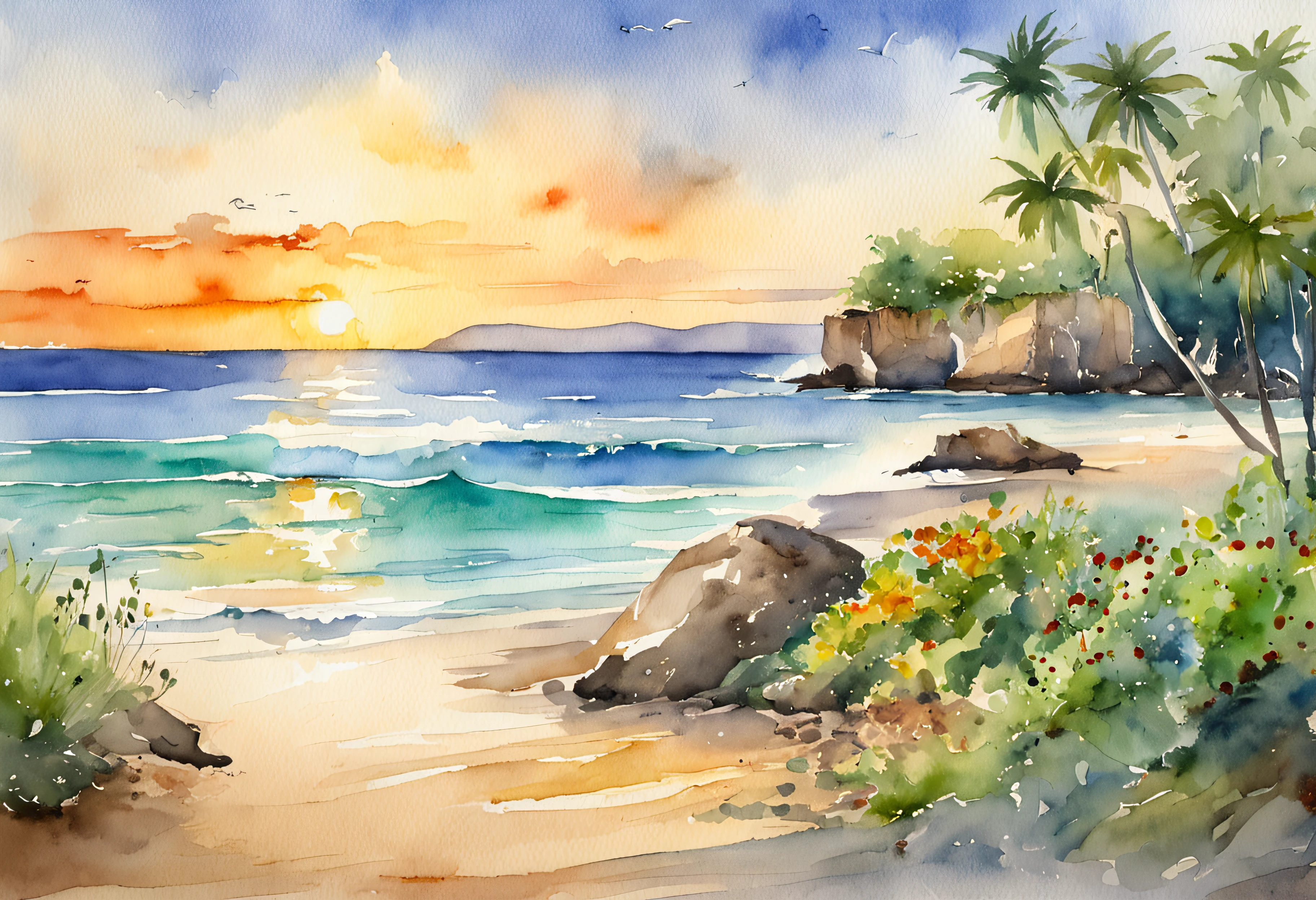 (top-quality、Top image quality、超A high resolution)、watercolor paiting、aquarelle、Beautiful island sunrise, Small waves gently lap the beach, Open view of the calm emerald sea, the morning sun、morning glow、hawaii