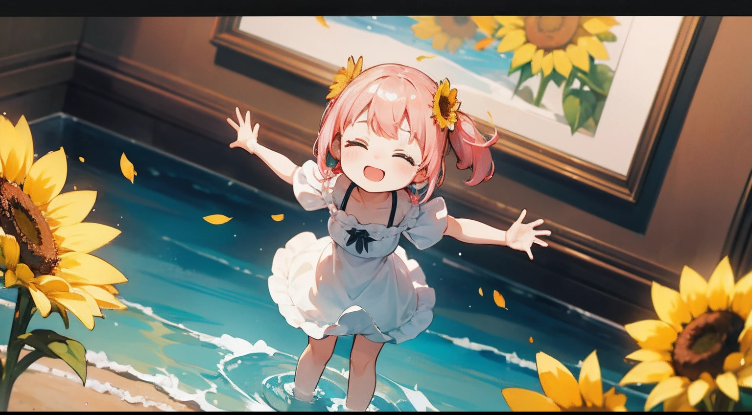 photoRealstic、Top Text Says "Code Angel"、Doll standing in front of the painting、swim wears、laugh face、Water droplets on the cheeks、Selfie Pose、spreading arms widely、、Sengai、pixiv、rokoko、dollfie dream、watercolor Nendoroid、(High Definition Figure)、flowing sakura-colored silk、nendroid、bustup、Sunflower petals、season!!: 夏☀ 🍂 ヒマワリ