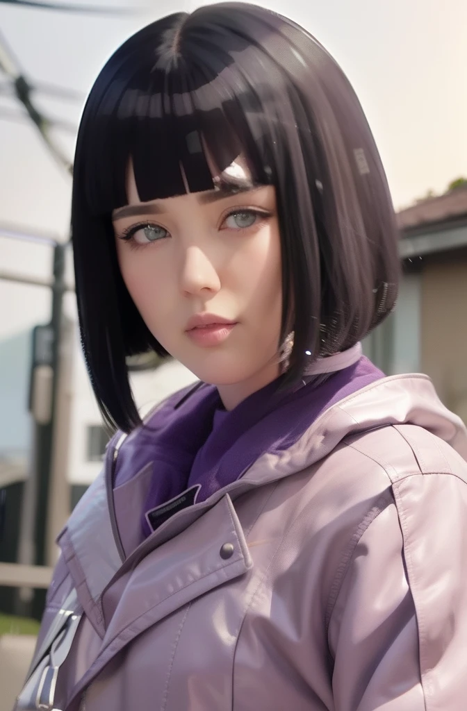 Hinata hyuga A woman was standing in the yard. He looked like he was wearing a gray suit. With a silver purple leather jacket. She had short blue hair with bangs in front. White as snow. And rosy cheeks. And a tiny pink lip. He looked into the camera. So pretty and realistic