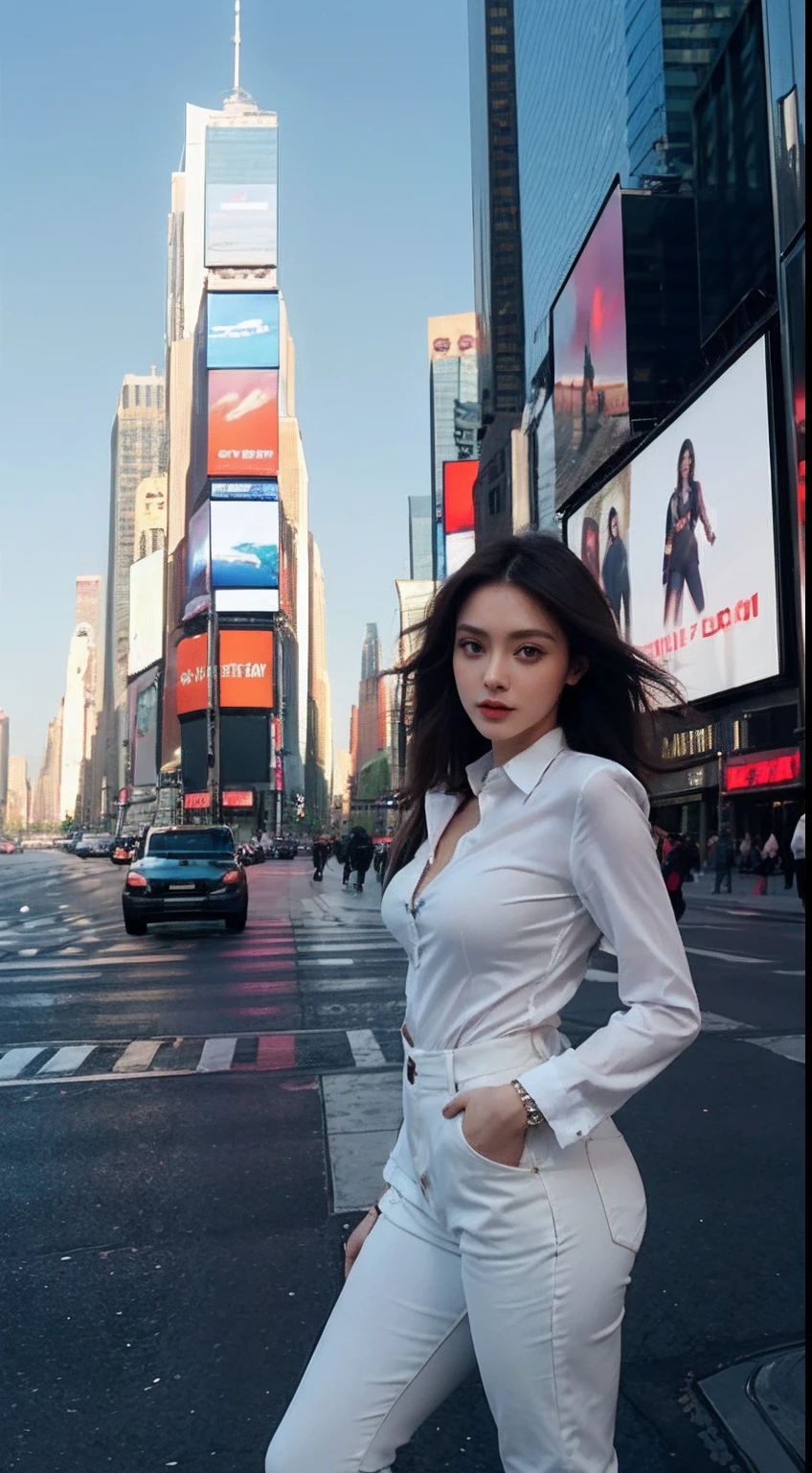 Sexy woman,Beautiful and moving big eyes,In the middle of the street,tight fit clothes,wearing long pants,frontage,Three buttons on both sides of the cuffs,high-heels,time square, NewYork, United States,with blue sky and white clouds,