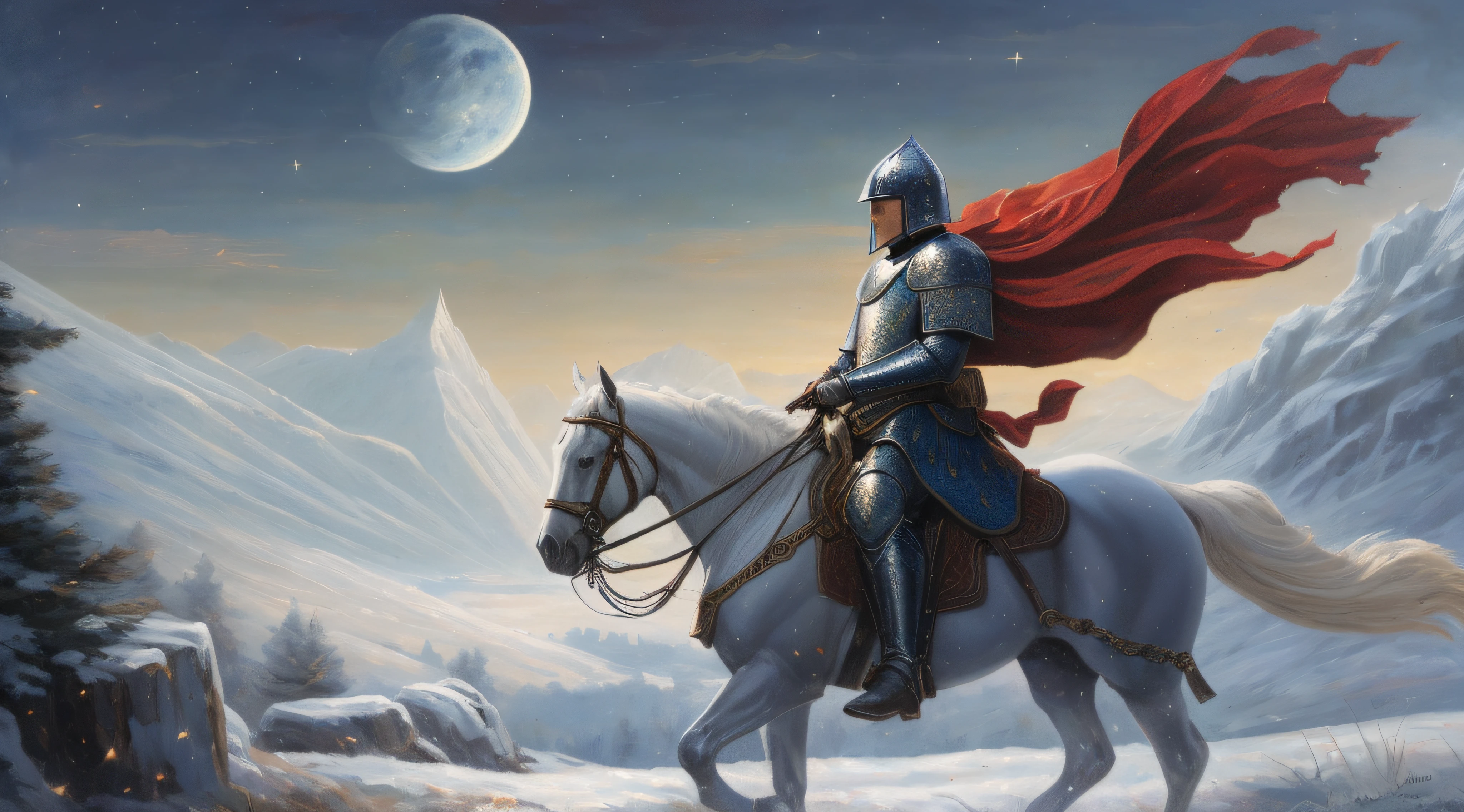 pintura de um cavaleiro em um cavalo em uma paisagem nevada, cavaleiro da fantasia, cavaleiro medieval cruzado sagrado, pintura de um cavaleiro, cavaleiro a cavalo, Arte de fantasia 4k, arte de fantasia medieval, cavaleiro cruzado sagrado medieval, arte do jogo de fantasia medieval, cavaleiro medieval, Santo Cruzado Medieval, Cavalo Guerreiro, arte de fantasia de alta qualidade, pintura renascentista de um cavaleiro, Michael Cavalo (Motor irreal
