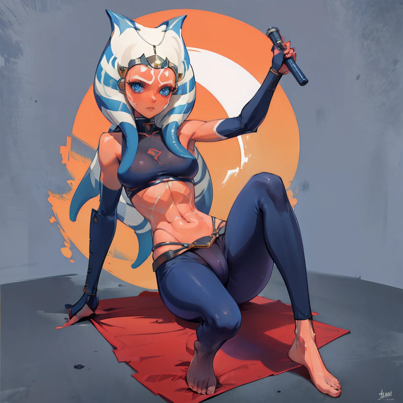 1girl, blue eyes, orange skin, tentacle hair, poster, cuerpo entero,