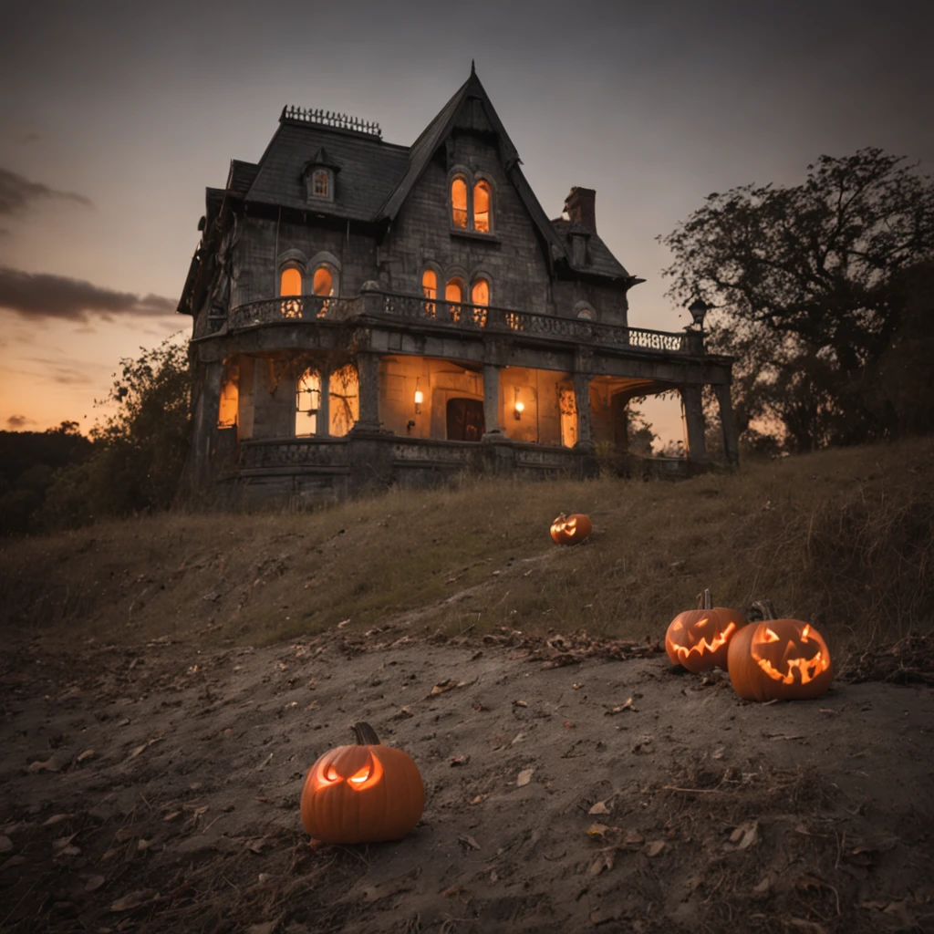 uma casa velha de halloween, with bats and pumpkins