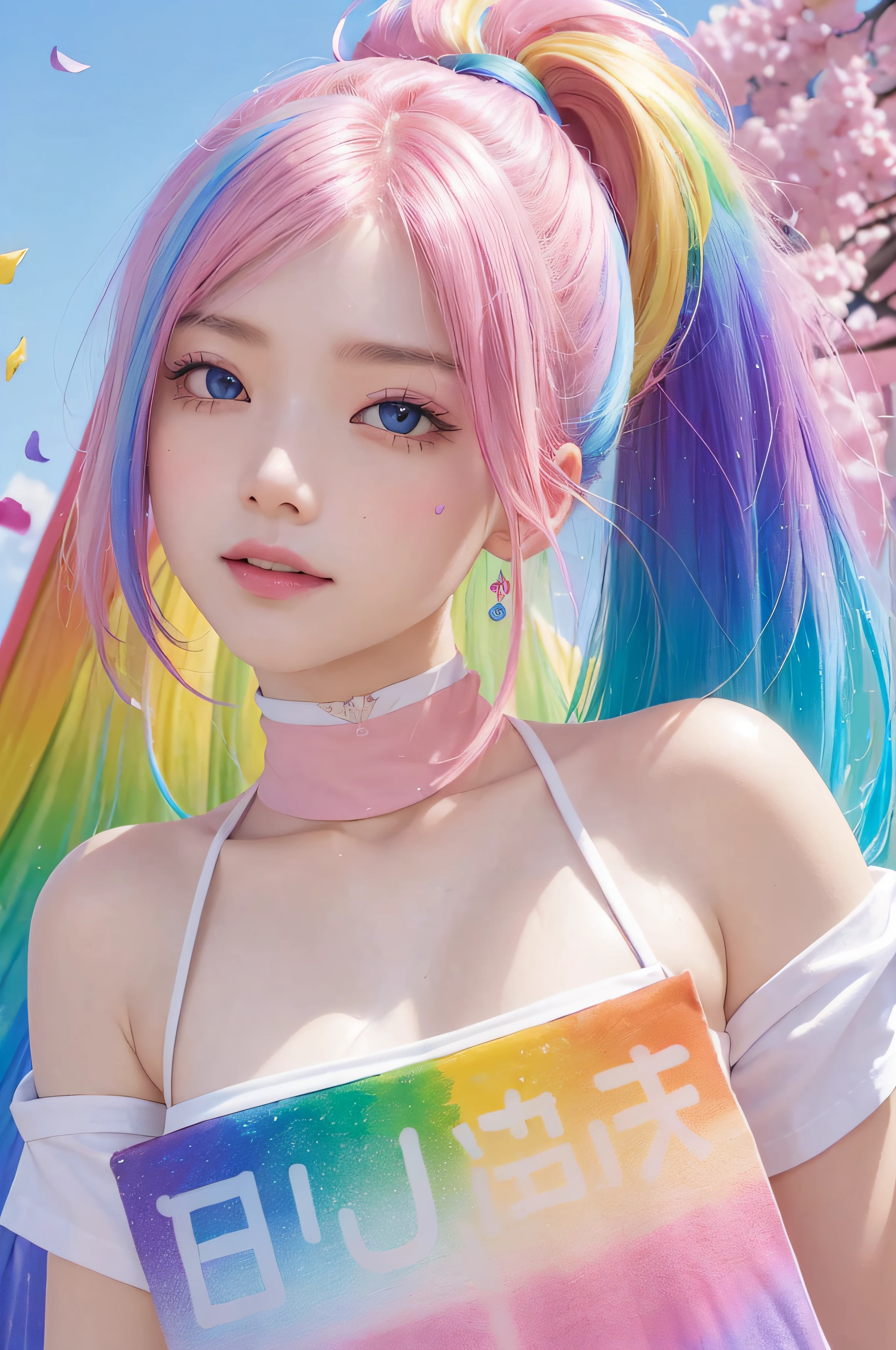 (Pink fashion T-shirt:1.9)、(colourful hair:1.8)、(all the colours of the rainbow:1.8)、((((Vertical Painting:1.6)))、(painterly:1.6)、frontage、comic strip、illustratio、painterly、big eye、Sheer eyes、(Iridescent gradient high ponytail:1.7)、Exquisite makeup、(Small fresh:1.5)、(Wipe Chest:1.6)、long eyeslashes、White off-the-shoulder T-shirt、White shoulder shirt、(rainbow-colored hair:1.6)、 color splashes, (独奏:1.8), color splashes, Color explosion, Thick paint style, Messy lines, ((SHINES)), (colourfull), (colourfull), colourfull, colourfull, Chic paint style, (Splash) (color splashes), Vertical Painting, The upper part of the body, paint splashes, Acrylic Pigment, gradients, paint, Top image quality, Top image quality, masterpiece, 独奏, depth of fields, facepaint, colourful clothes, (elegent: 1.2), Gorgeous,length hair, the wind, (elegent: 1.3), (flower petals:1.4)、(((masterpiece)))、(((top-quality)))、((ultra-detailliert))、(dynamic ungle)、((Planktonic))、(paint)、((dishevled hair))、((Detailed anima face)))、((beautifull detailed face))、collars、bare shoulders、white hair、((colourful hair))、(((striated hair))、beatiful detailed eyes、(Gradient color eyes)、(((Colorful eyes))))、(colorful backdrop))))、((((a high chroma))))、(((Surrounded by colorful splashes)))、White background、blurry backround、Skin Care Cosmetics、1人、a beauty girl、small tits、Shyness、red blush、超A high resolution、Beautie、cute little、独奏、A Japanese Lady。13years、hi-school girl、a smile。Beautiful young woman model。bright expression、photorealisim、beautiful countenance、(pureerosface)、Glowing white shiny skin、Light brown straight hair、finer hair、Attractive beautiful brown eyes、Double eyelids、small tits、fashionGirl。Wears a white shirt。Close-up portrait。profetional lighting, depth of fields、model shoot tyle、top-quality、masterpiece、