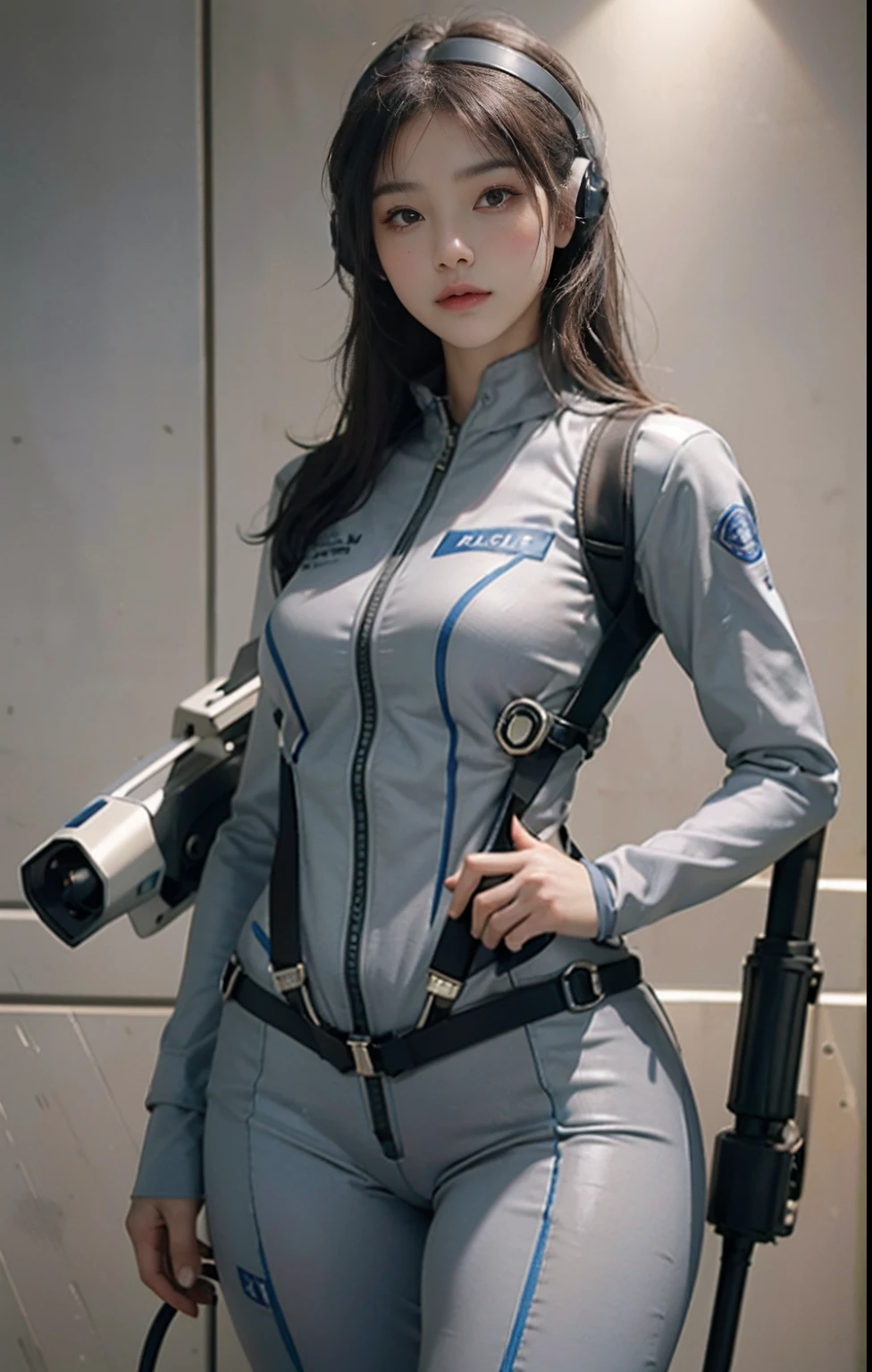 (Highest image quality, outstanding details, ultra-high resolution), (realism: 1.4), favor details, highly condensed 1 beautiful girl, with a delicate and beautiful face, ((cowboy shot)), (a bit chubby:0.4), (wearing silver and black racing suit likes police uniform, black and grey mecha, wearing military harness, holding a machinegun), background grey wall,