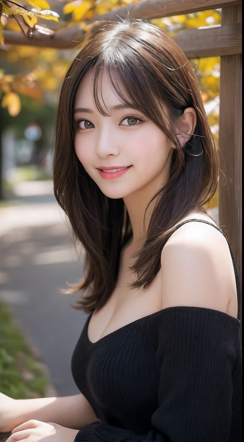 masutepiece, Best Quality, Illustration, Ultra-detailed, finely detail, hight resolution, 8K Wallpaper, Perfect dynamic composition, Beautiful detailed eyes, Women's Fashion🍂,Medium Hair,small tits、Natural Color Lip, Bold sexy poses,Smile,Harajuku、20 years girl、Cute、Sexy shot looking at camera